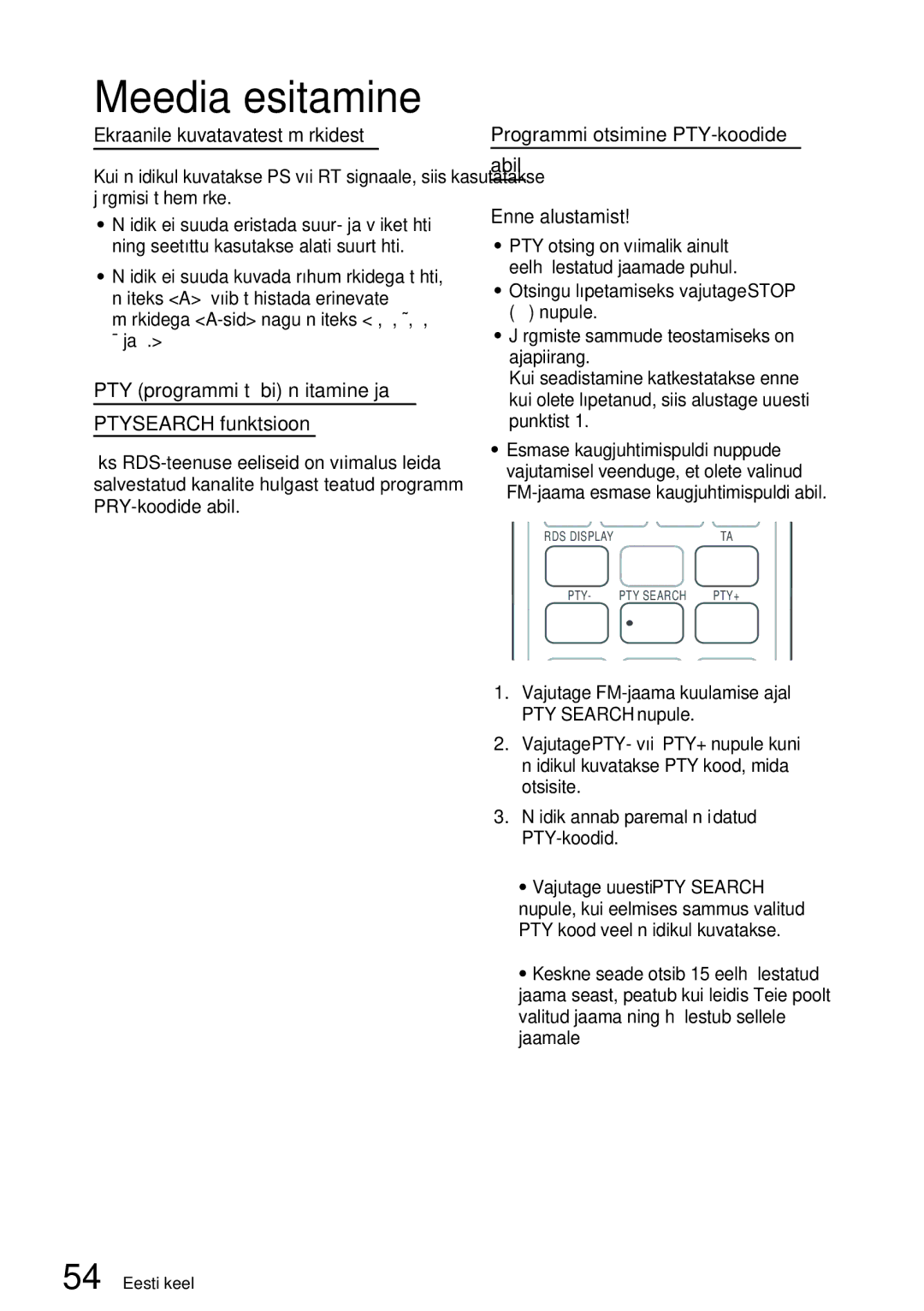 Samsung HT-ES6200/EN, HT-E6750W/EN Ekraanile kuvatavatest märkidest, PTY programmi tüübi näitamine ja Ptysearch funktsioon 