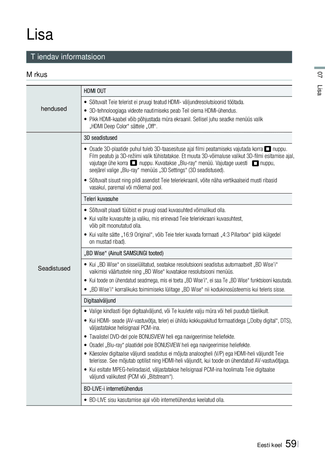 Samsung HT-E6750W/EN, HT-ES6200/EN manual Lisa, Täiendav informatsioon, Märkus, Ühendused, Seadistused 