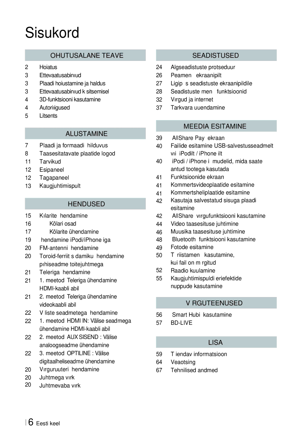 Samsung HT-ES6200/EN manual Sisukord, 20 Võrguruuteri ühendamine Juhtmega võrk Juhtmevaba võrk, 56 „Smart Hubi kasutamine 