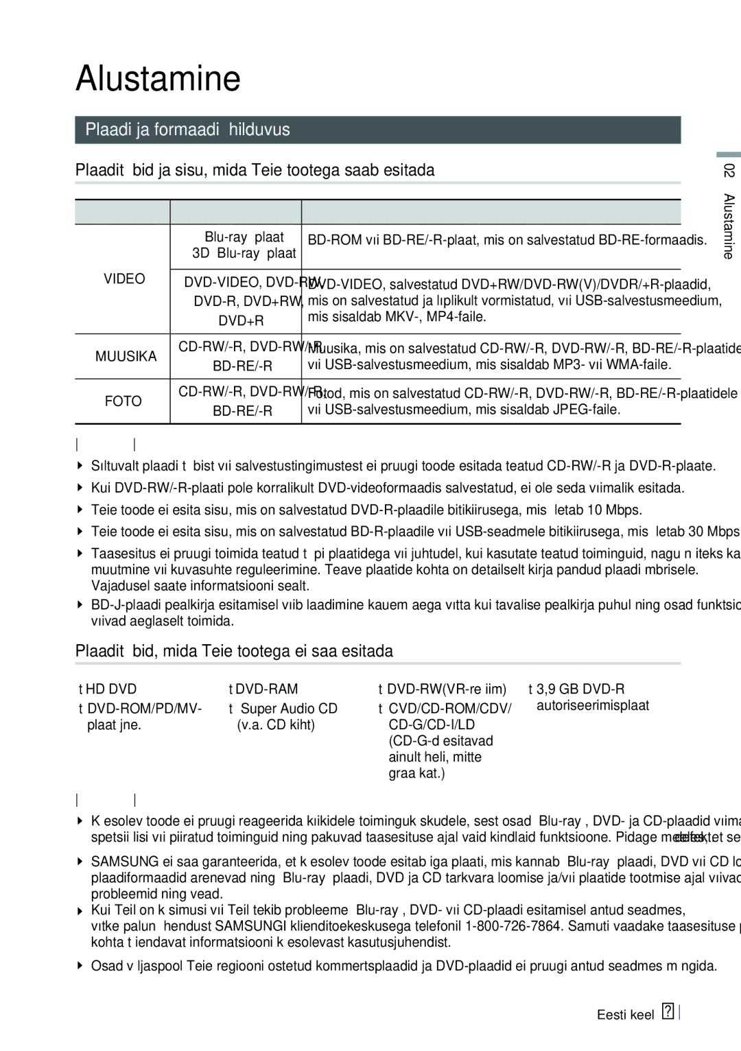 Samsung HT-E6750W/EN manual Alustamine, Plaadi ja formaadi ühilduvus, Plaaditüübid ja sisu, mida Teie tootega saab esitada 