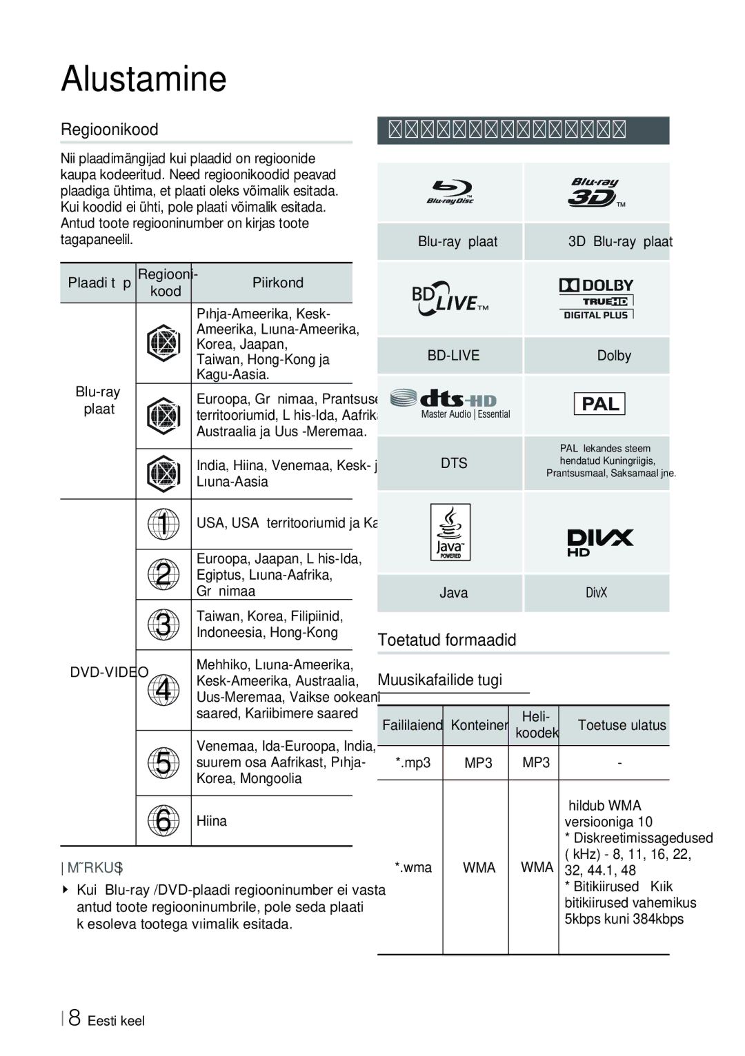 Samsung HT-ES6200/EN manual Regioonikood, Taasesitatavate plaatide logod, Toetatud formaadid, Muusikafailide tugi, Dts 