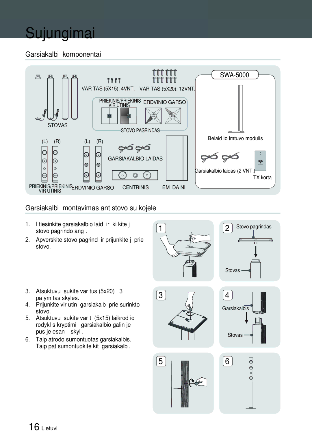 Samsung HT-ES6200/EN, HT-E6750W/EN manual Garsiakalbių komponentai, Garsiakalbių montavimas ant stovo su kojele, SWA-5000 