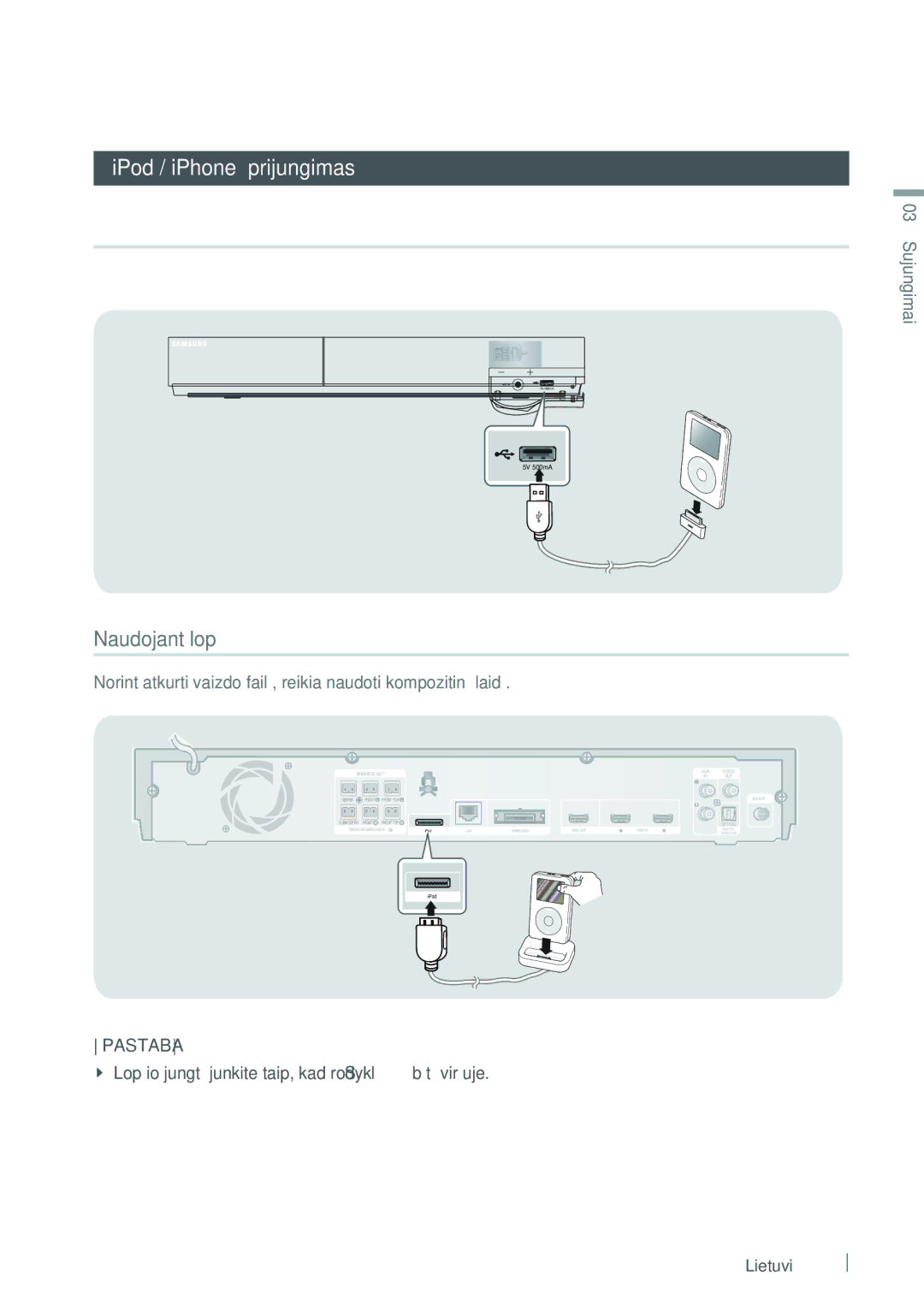 Samsung HT-E6750W/EN, HT-ES6200/EN „iPod/„iPhone prijungimas, Naudojant USB laidą, Naudojant lopšį, Sujungimai Lietuvių 