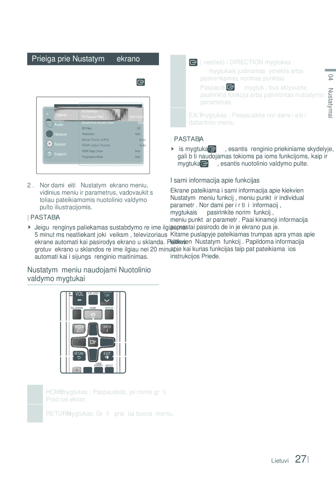 Samsung HT-E6750W/EN, HT-ES6200/EN Prieiga prie Nustatymų ekrano, Nustatymų meniu naudojami Nuotolinio valdymo mygtukai 