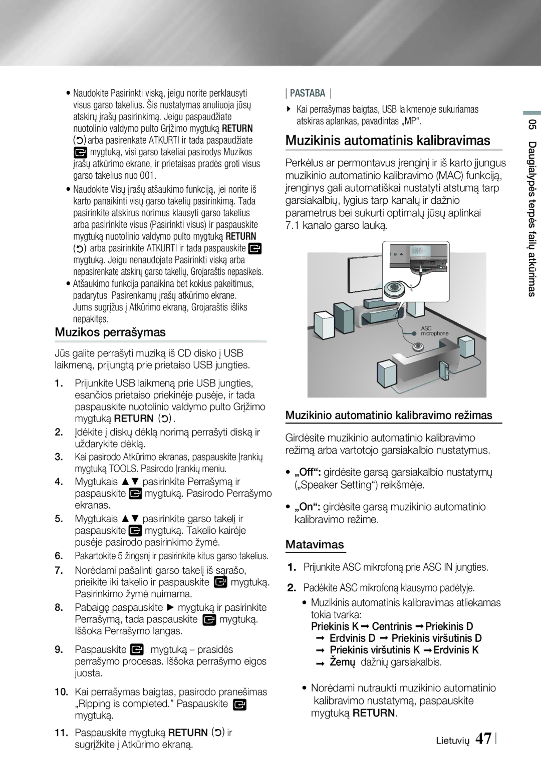 Samsung HT-E6750W/EN manual Muzikos perrašymas, Muzikinio automatinio kalibravimo režimas, Matavimas, Kanalo garso lauką 