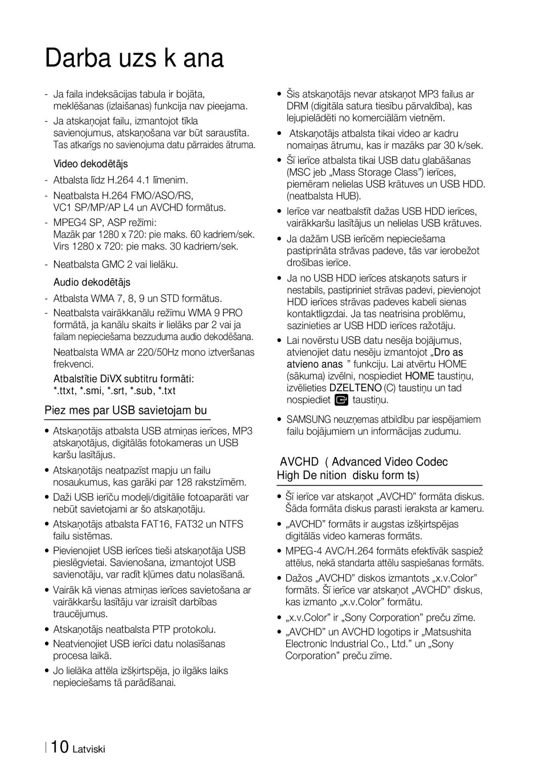 Samsung HT-ES6200/EN manual Piezīmes par USB savietojamību, „AVCHD „Advanced Video Codec High Deﬁnition disku formāts 