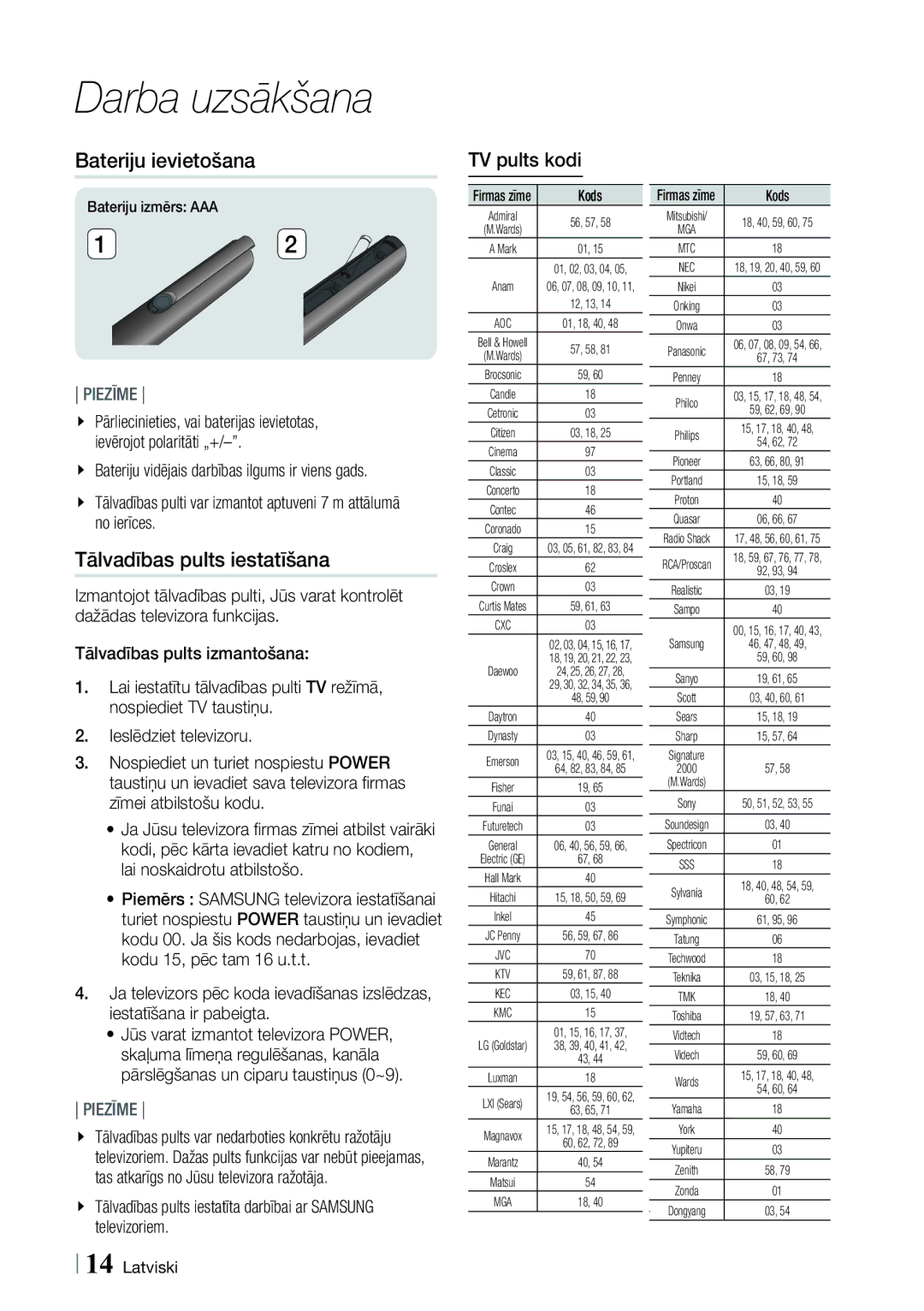 Samsung HT-ES6200/EN, HT-E6750W/EN manual Bateriju ievietošana, Tālvadības pults iestatīšana, TV pults kodi 