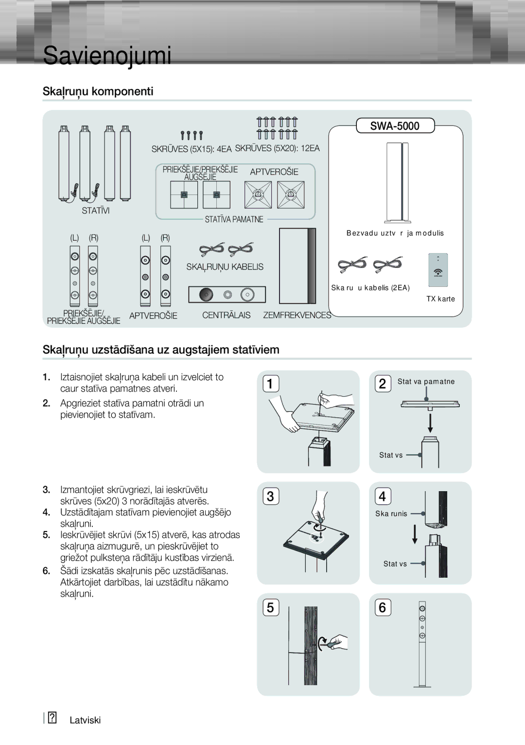 Samsung HT-ES6200/EN, HT-E6750W/EN manual Skaļruņu komponenti, Skaļruņu uzstādīšana uz augstajiem statīviem, SWA-5000 