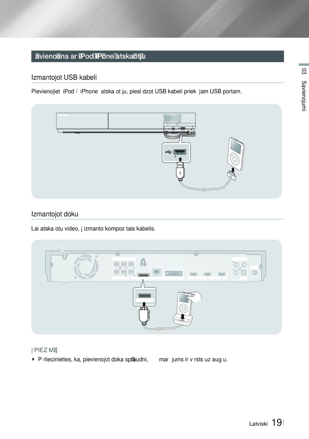 Samsung HT-E6750W/EN, HT-ES6200/EN manual Savienošana ar „iPod/ „iPhone atskaņotāju, Izmantojot USB kabeli, Izmantojot doku 