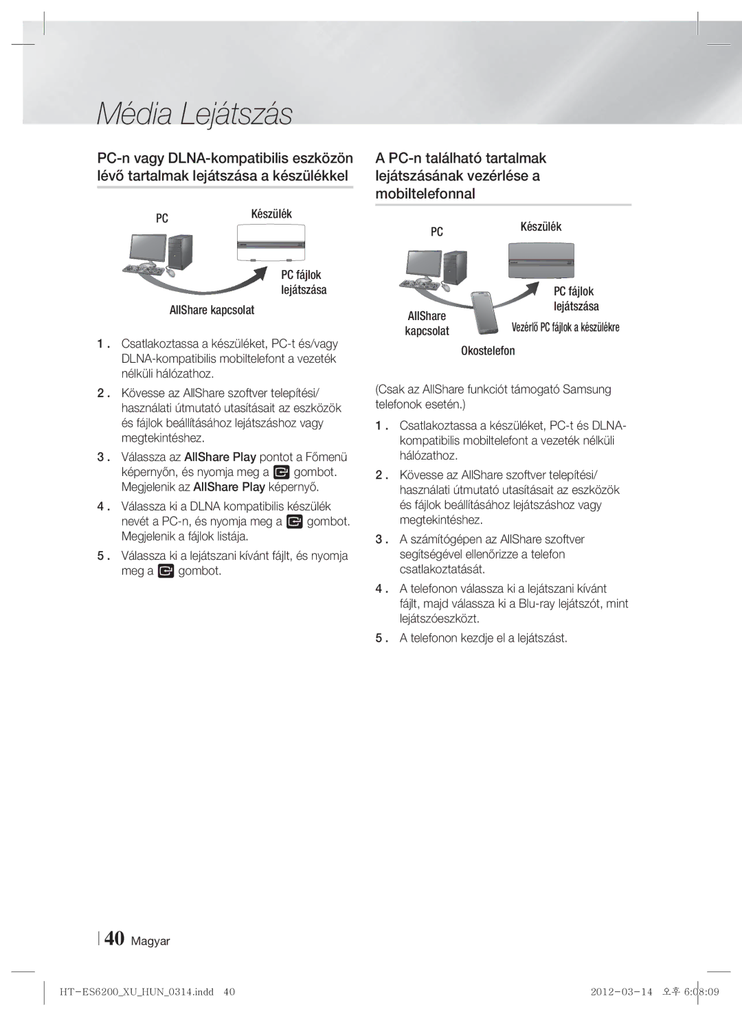 Samsung HT-ES6200/EN, HT-ES6600/EN manual AllShare kapcsolat, PCKészülék PC fájlok, Lejátszása, Okostelefon 