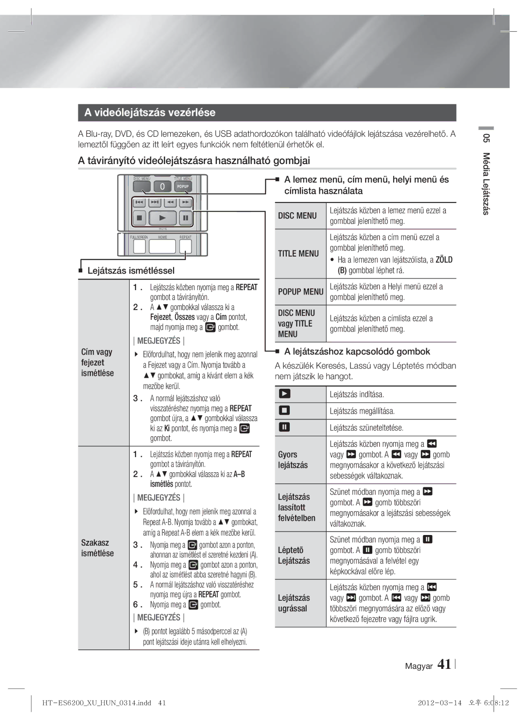 Samsung HT-ES6600/EN, HT-ES6200/EN manual Videólejátszás vezérlése, Távirányító videólejátszásra használható gombjai, Menu 