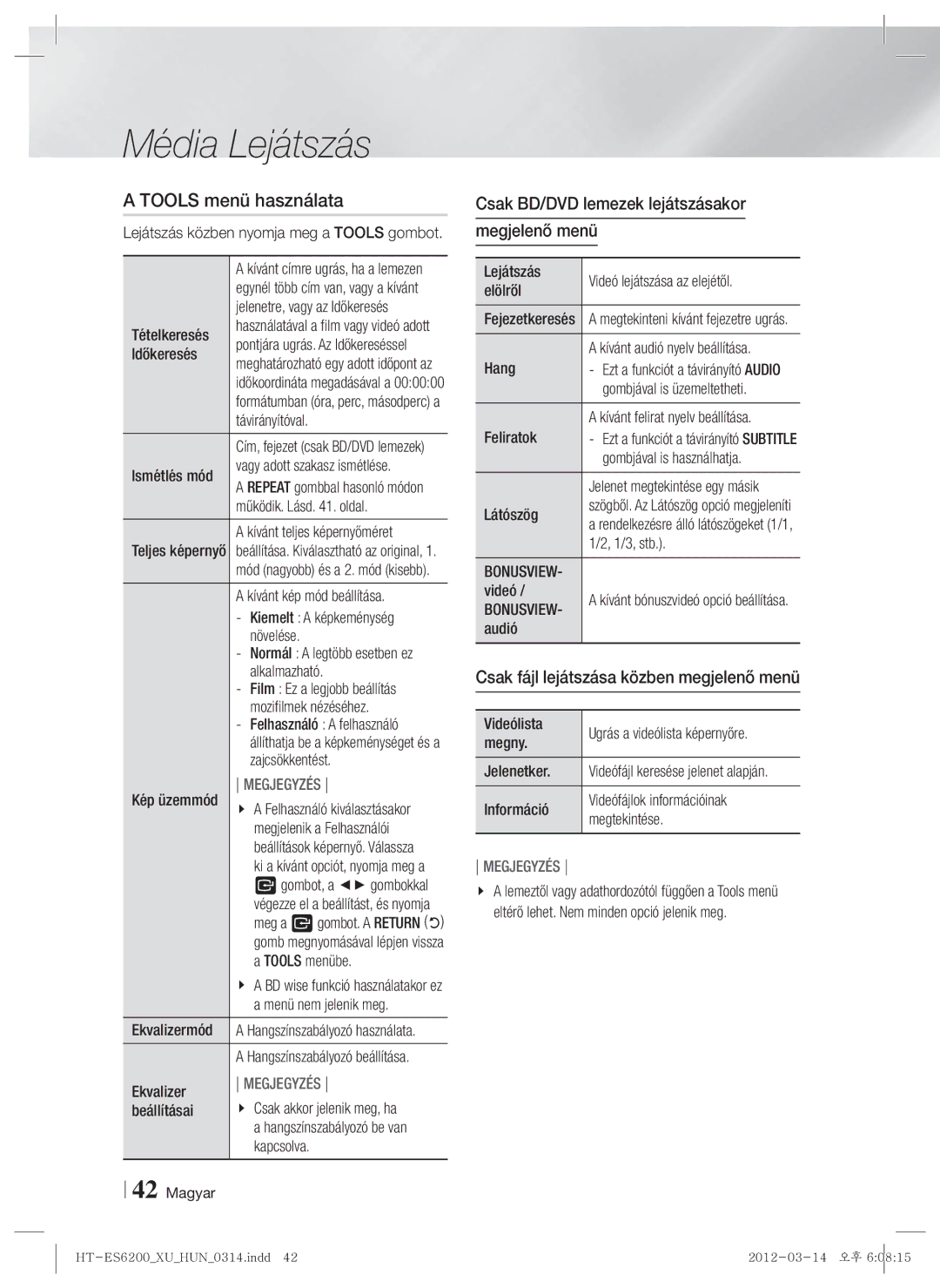 Samsung HT-ES6200/EN, HT-ES6600/EN manual Tools menü használata, Csak BD/DVD lemezek lejátszásakor Megjelenő menü 