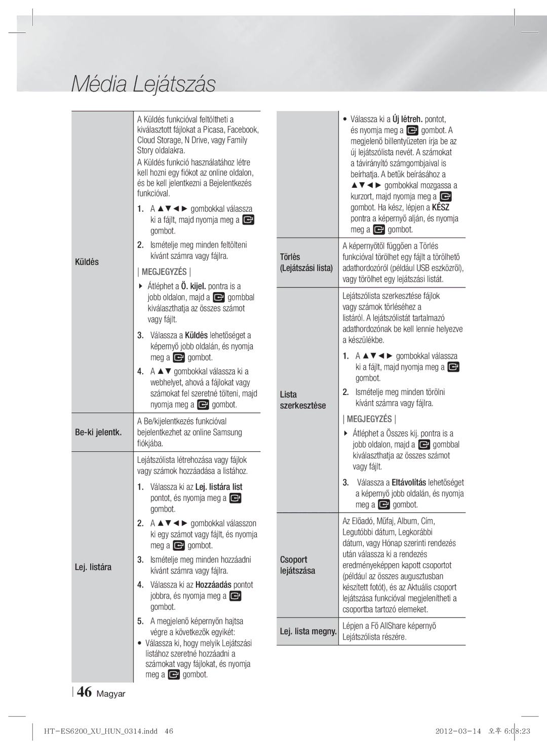 Samsung HT-ES6200/EN Story oldalakra, Funkcióval, Küldés, Kívánt számra vagy fájlra, Vagy fájlt, Fiókjába, Lej. listára 