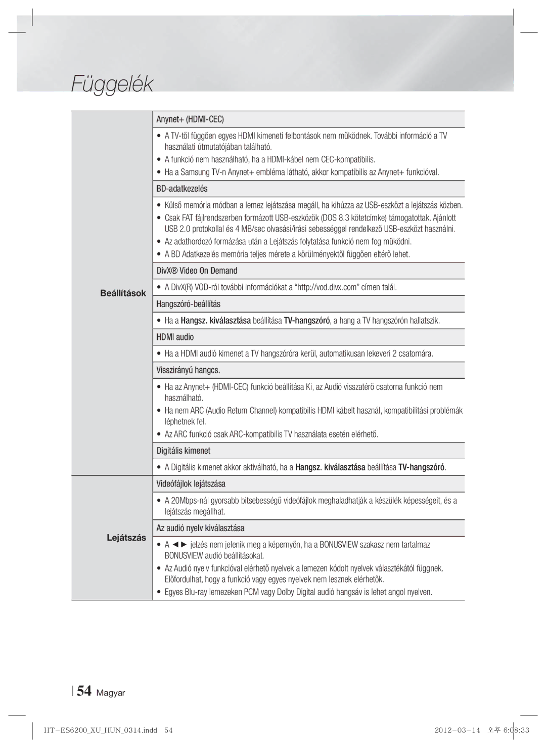 Samsung HT-ES6200/EN, HT-ES6600/EN manual Beállítások Lejátszás 