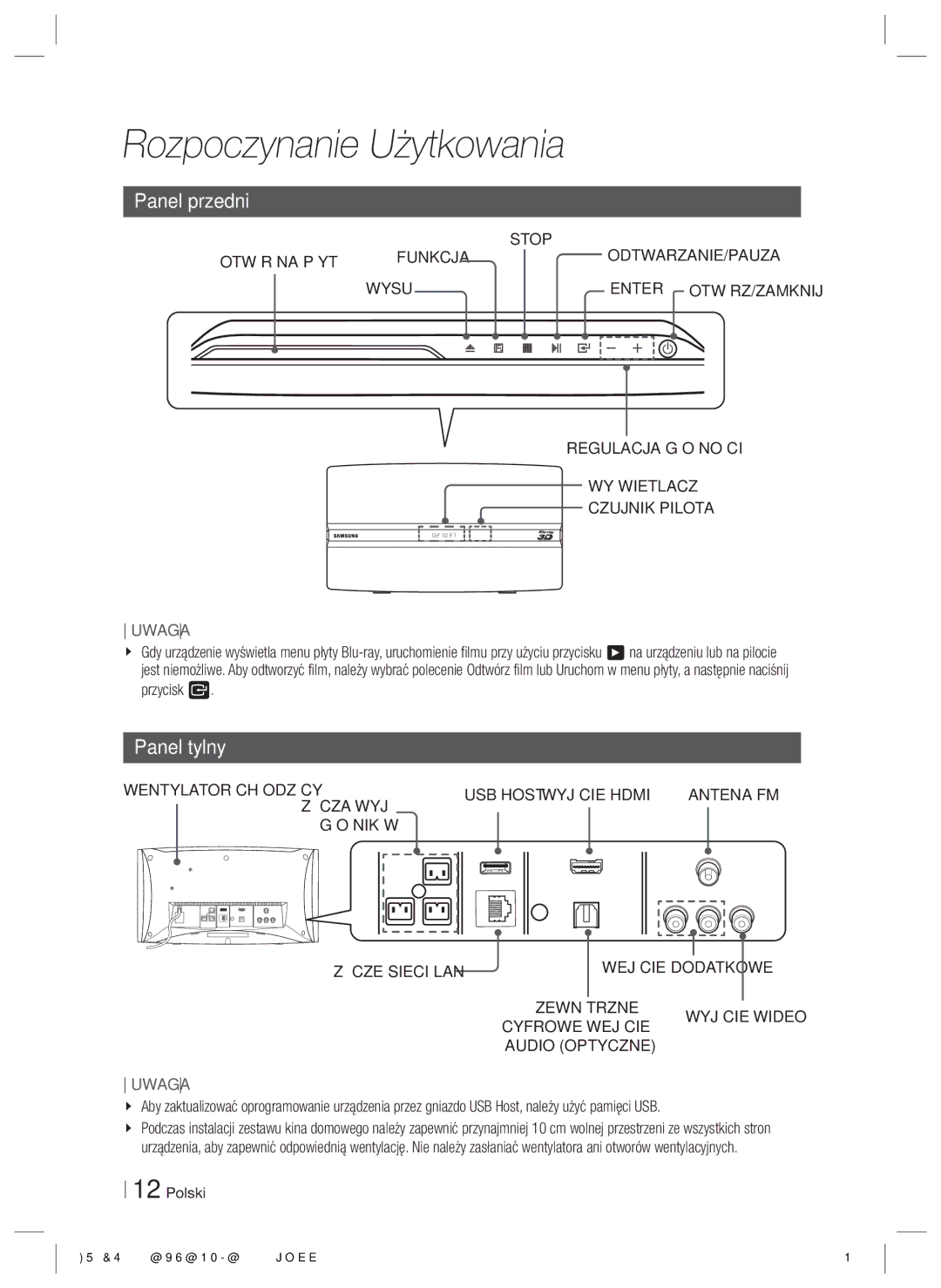 Samsung HT-ES6200/EN, HT-ES6600/EN manual Panel przedni, Panel tylny 