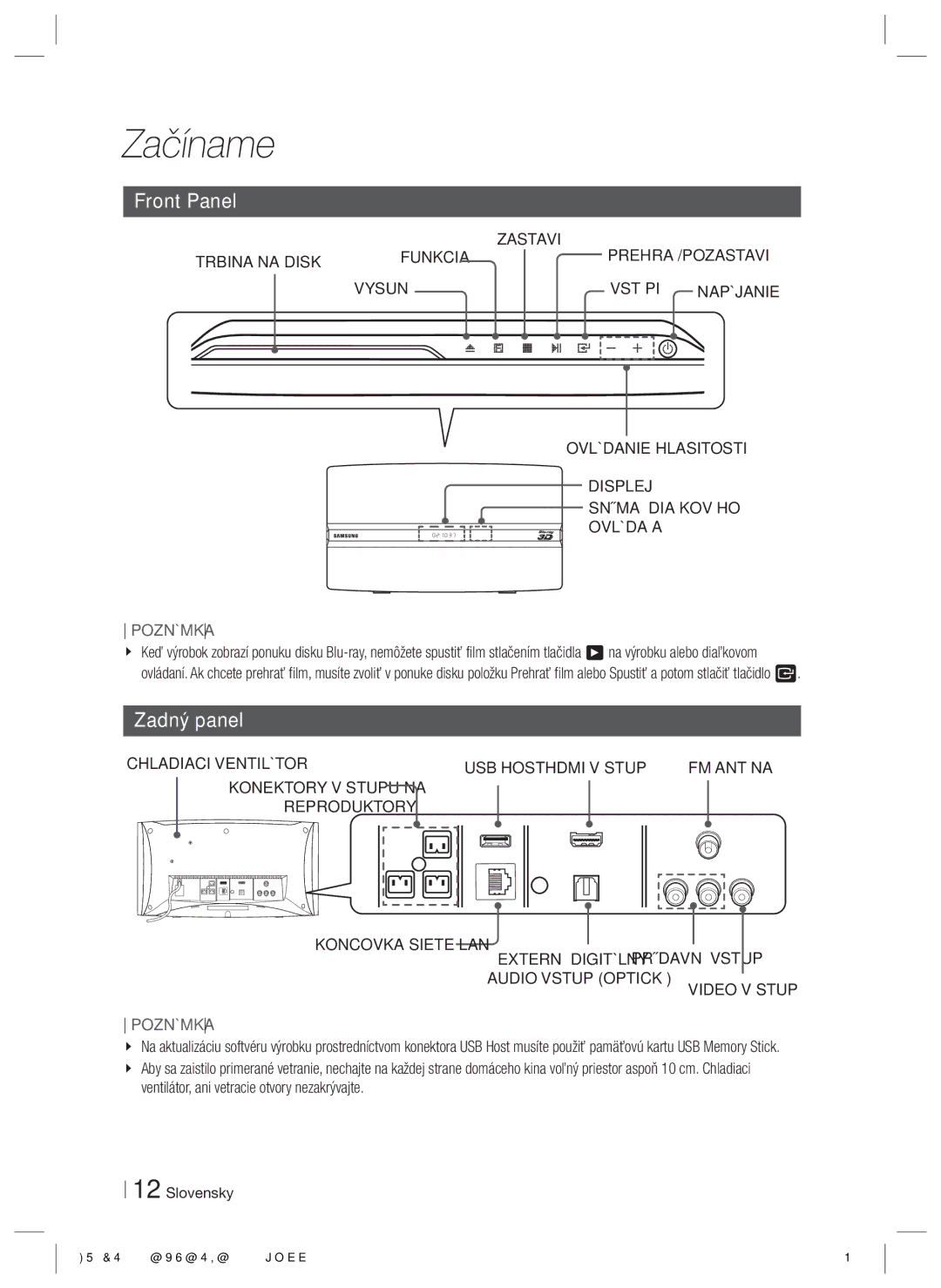 Samsung HT-ES6200/EN, HT-ES6600/EN manual Front Panel, Zadný panel 