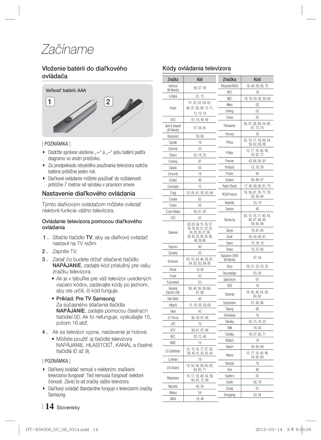 Samsung HT-ES6200/EN Vloženie batérií do diaľkového ovládača, Nastavenie diaľkového ovládania, Kódy ovládania televízora 