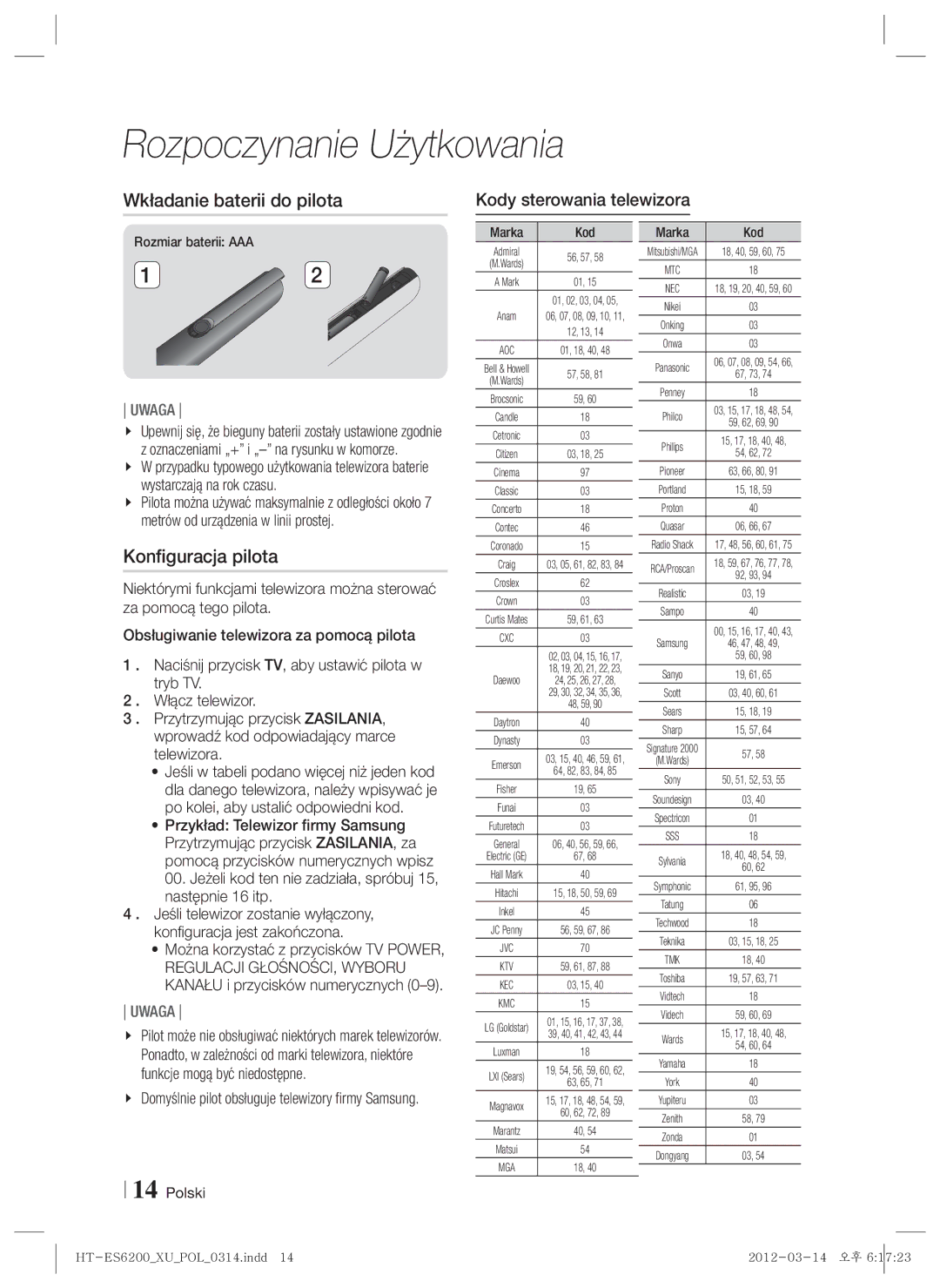 Samsung HT-ES6200/EN, HT-ES6600/EN manual Wkładanie baterii do pilota, Konfiguracja pilota, Kody sterowania telewizora 