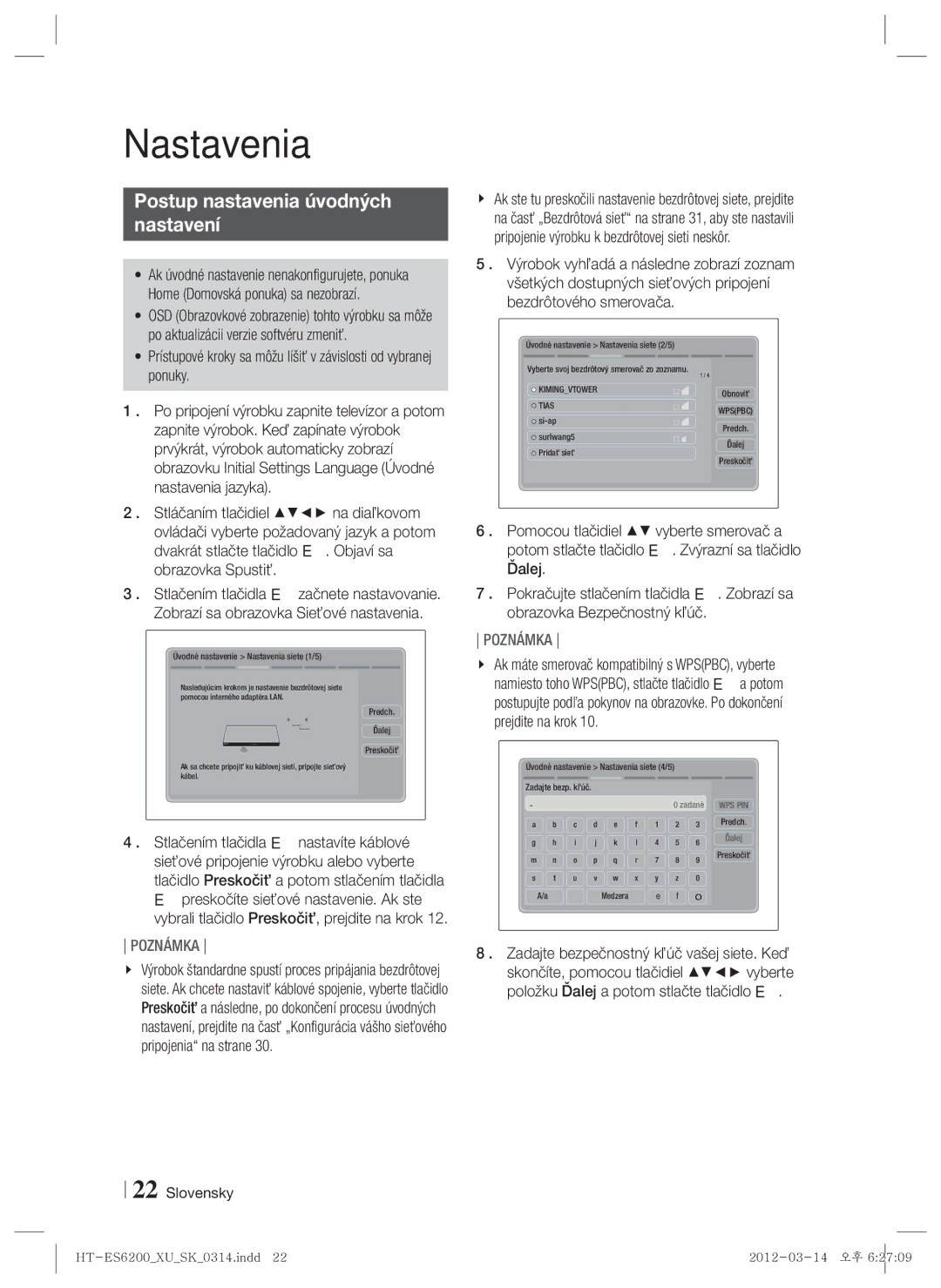 Samsung HT-ES6200/EN, HT-ES6600/EN manual Nastavenia, Postup nastavenia úvodných Nastavení 