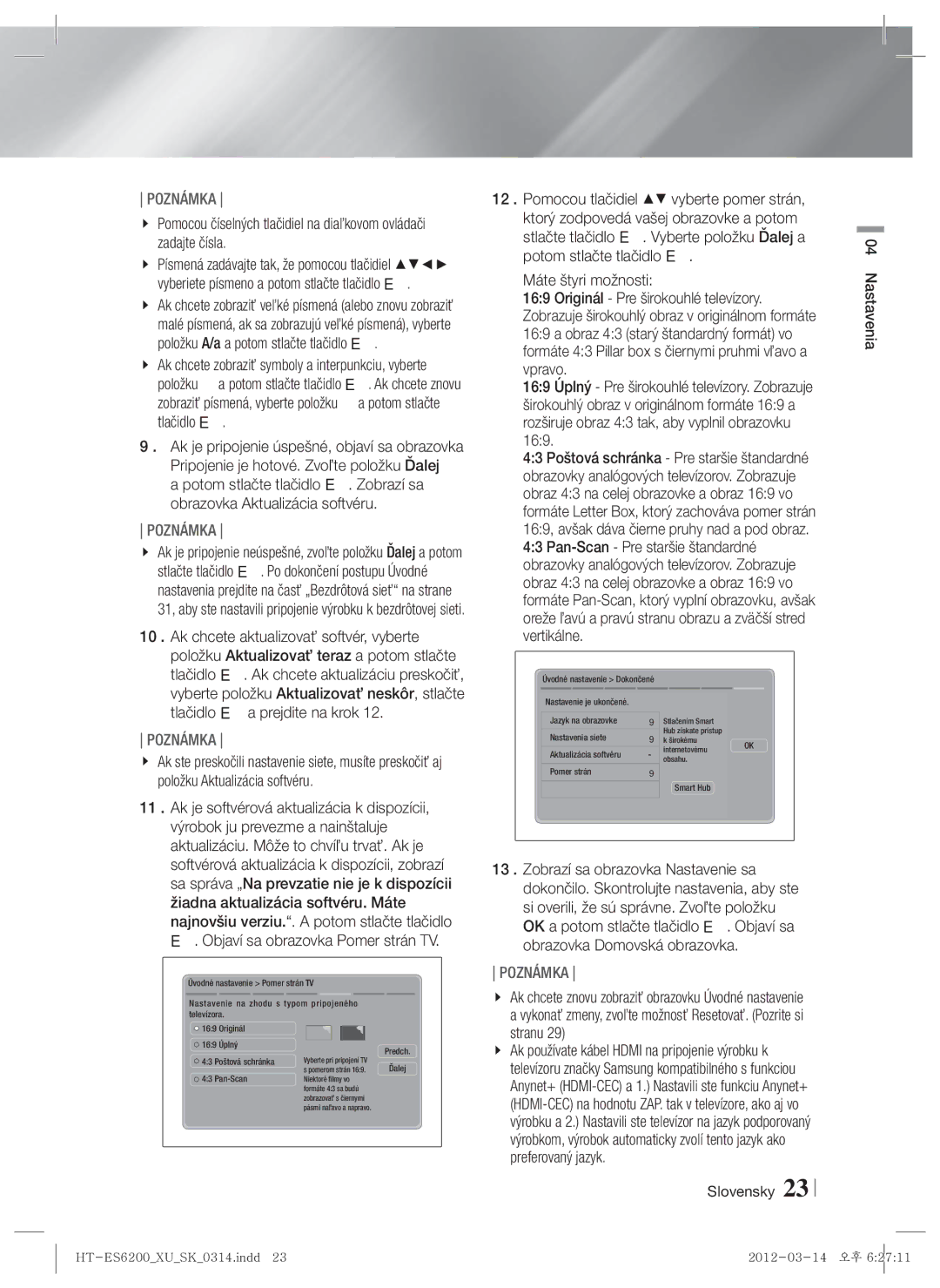 Samsung HT-ES6600/EN, HT-ES6200/EN manual Nastavenia 