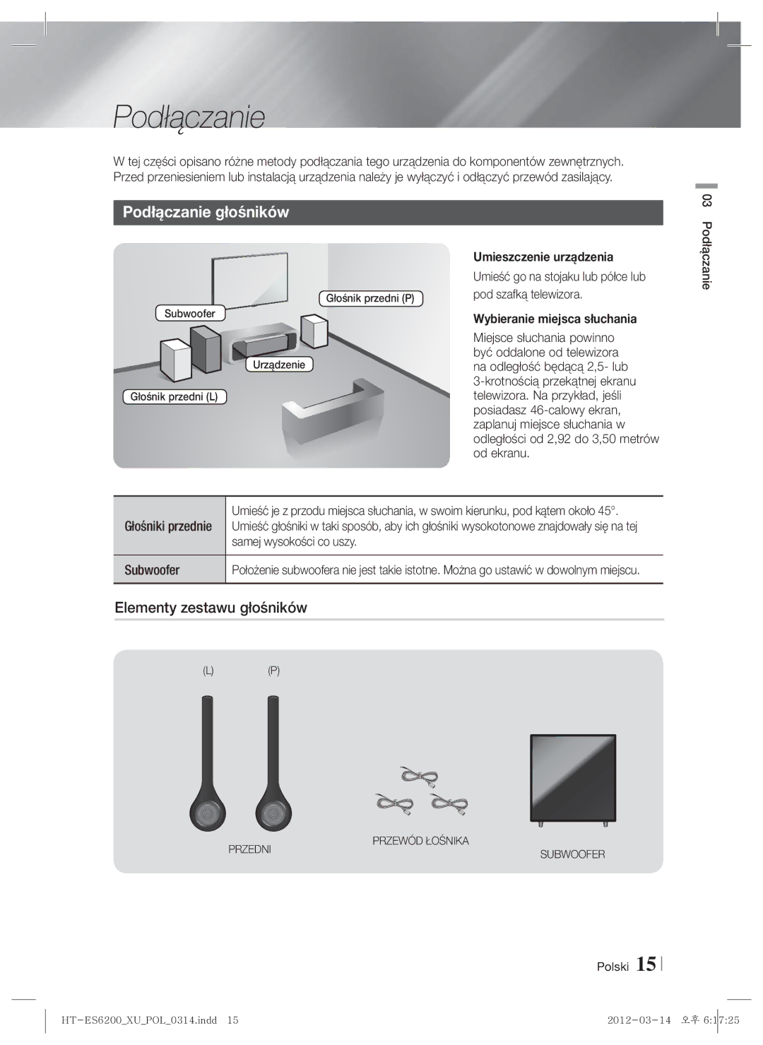 Samsung HT-ES6600/EN, HT-ES6200/EN manual Podłączanie głośników, Elementy zestawu głośników, Umieszczenie urządzenia 