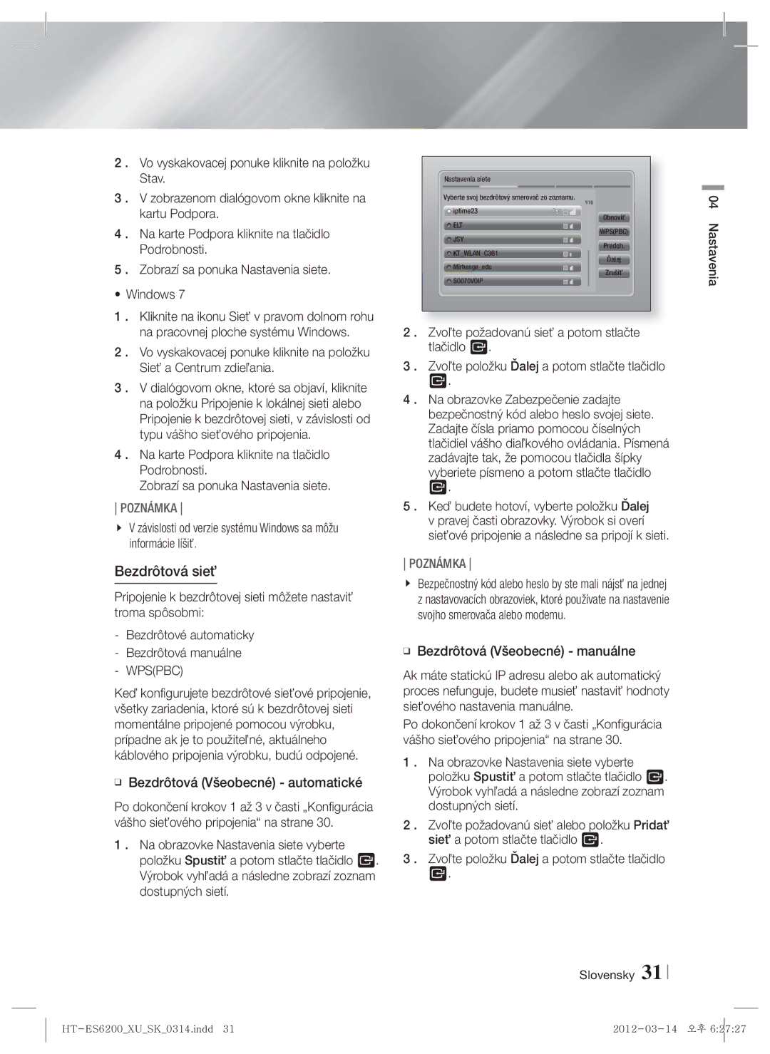 Samsung HT-ES6600/EN, HT-ES6200/EN manual Bezdrôtová sieť, Bezdrôtová Všeobecné automatické, Bezdrôtová Všeobecné manuálne 