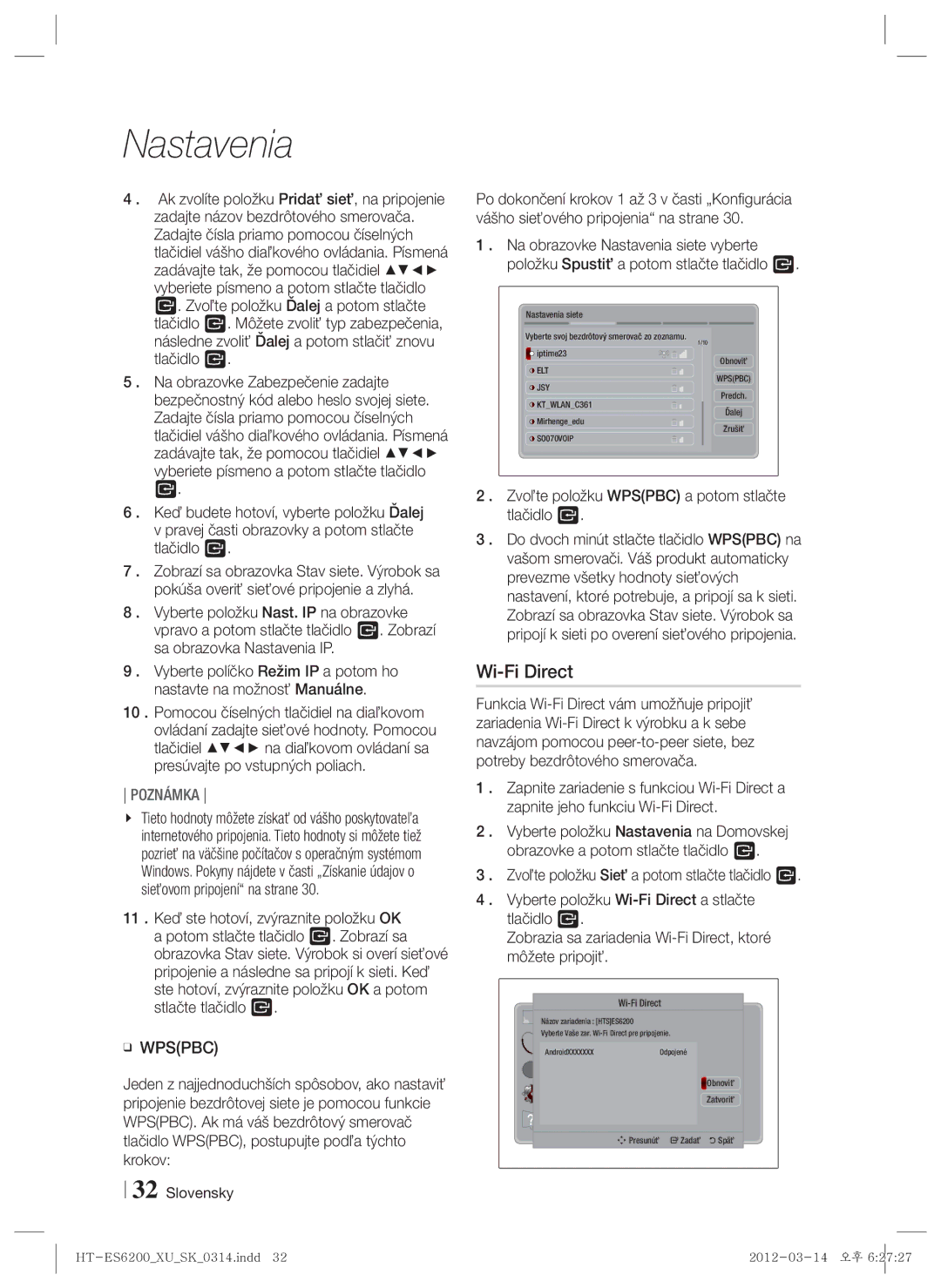 Samsung HT-ES6200/EN, HT-ES6600/EN manual Wi-Fi Direct, Zvoľte položku Wpspbc a potom stlačte tlačidlo E 