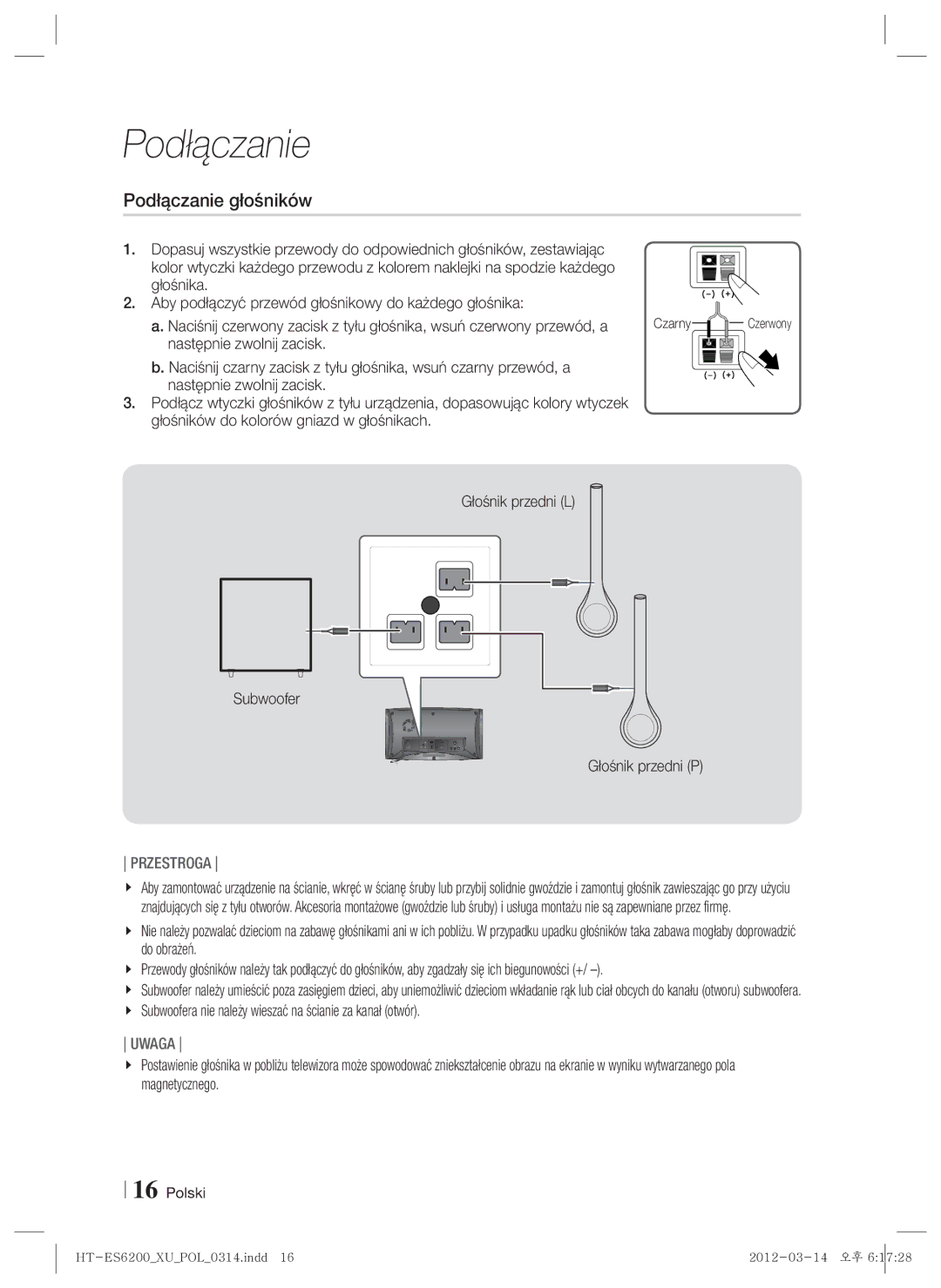 Samsung HT-ES6200/EN, HT-ES6600/EN manual Podłączanie głośników, Głośnik przedni P, Czarny 