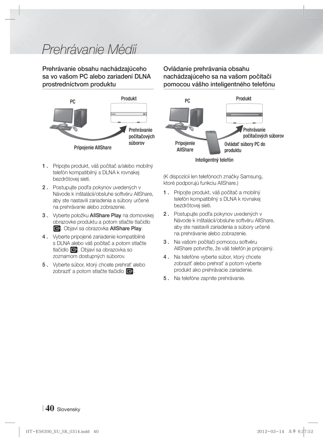 Samsung HT-ES6200/EN, HT-ES6600/EN Ovládať súbory PC do, Produktu, Inteligentný telefón, Na telefóne zapnite prehrávanie 