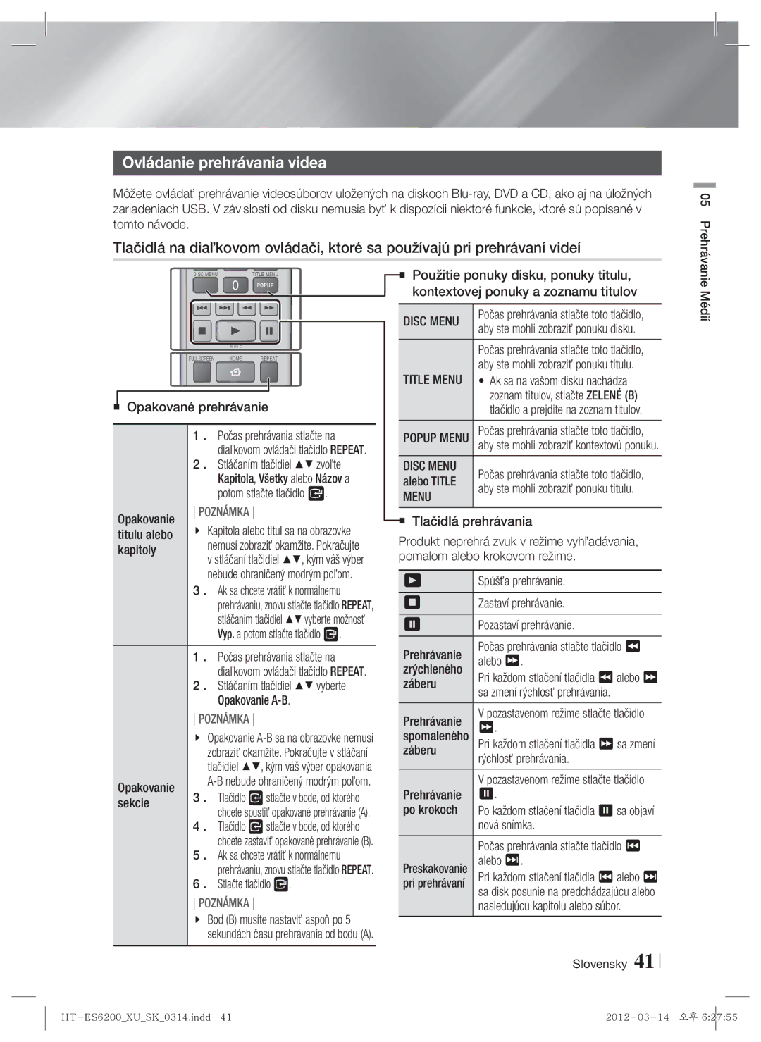 Samsung HT-ES6600/EN, HT-ES6200/EN manual Ovládanie prehrávania videa 