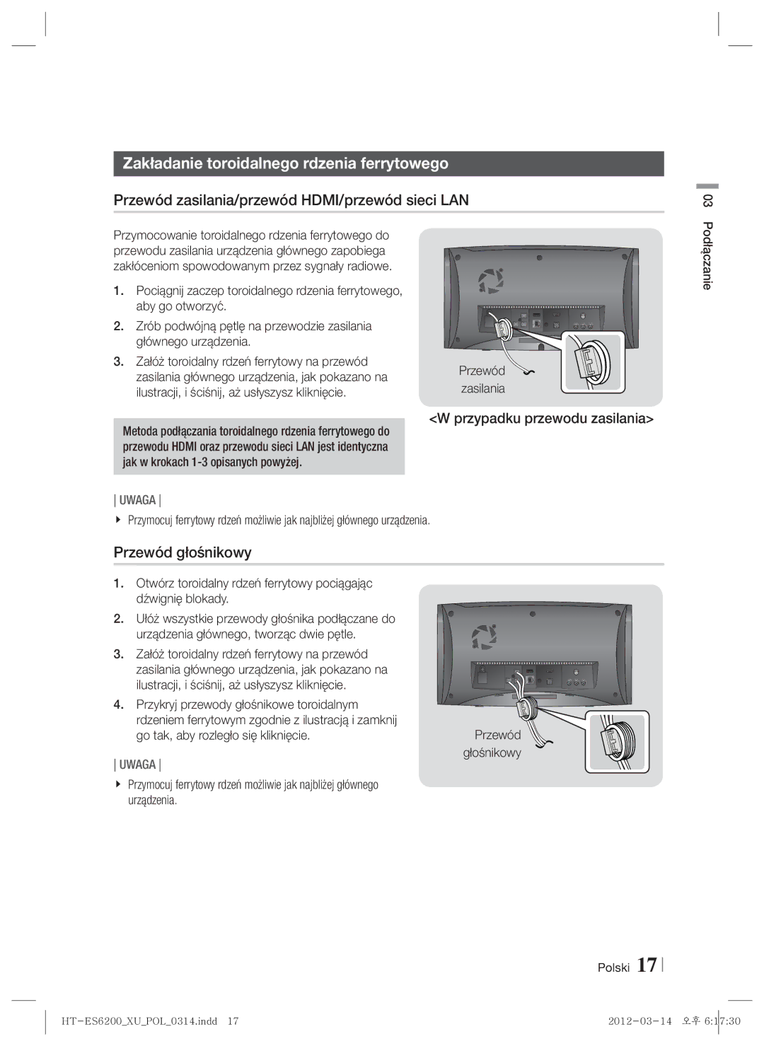 Samsung HT-ES6600/EN manual Zakładanie toroidalnego rdzenia ferrytowego, Przewód zasilania/przewód HDMI/przewód sieci LAN 