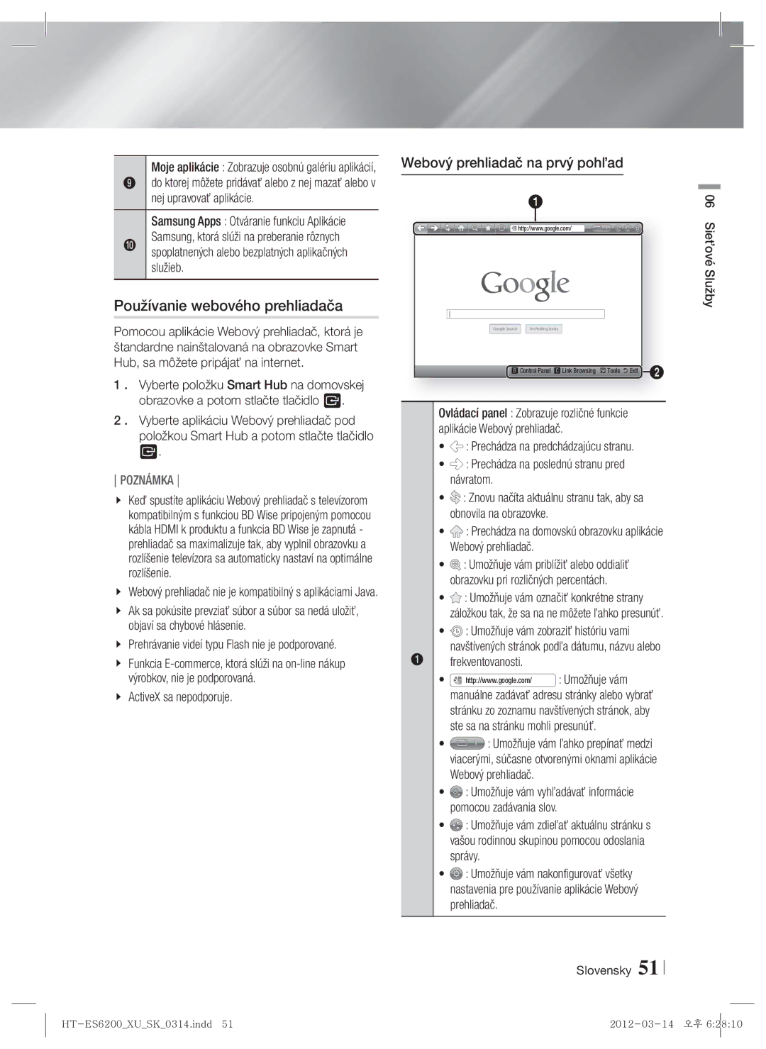 Samsung HT-ES6600/EN manual Používanie webového prehliadača, Webový prehliadač na prvý pohľad, ActiveX sa nepodporuje 