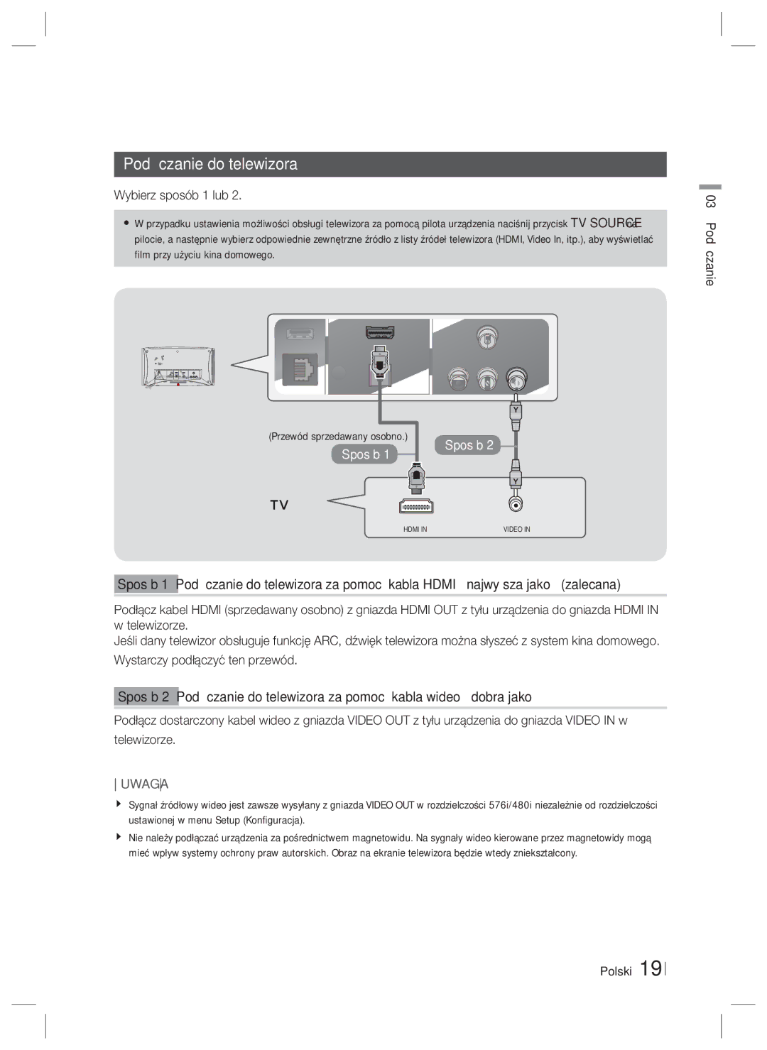 Samsung HT-ES6600/EN, HT-ES6200/EN manual Podłączanie do telewizora, Wybierz sposób 1 lub, Przewód sprzedawany osobno 