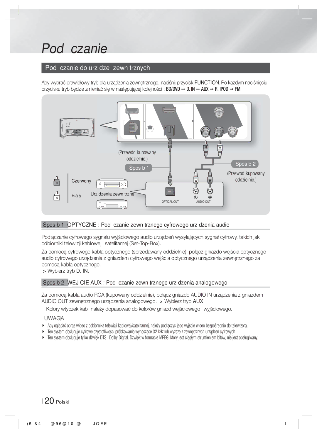 Samsung HT-ES6200/EN, HT-ES6600/EN manual Podłączanie do urządzeń zewnętrznych, Przewód kupowany Oddzielnie, Czerwony Biały 