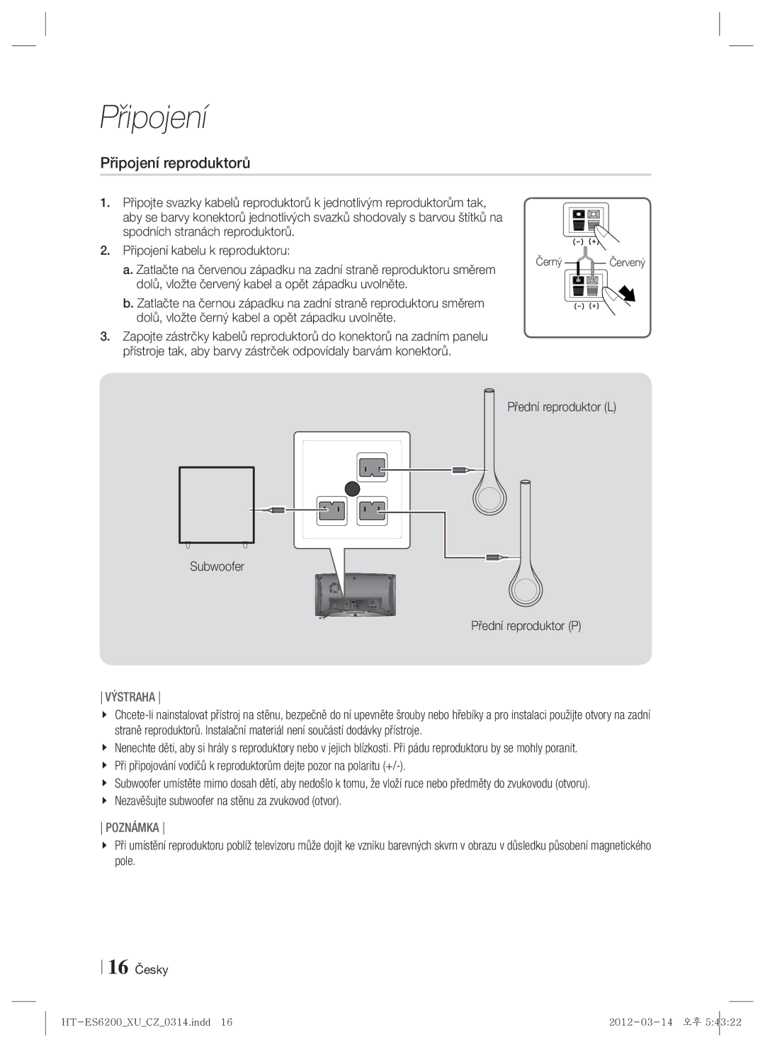 Samsung HT-ES6200/EN, HT-ES6600/EN manual Připojení reproduktorů, Přední reproduktor L, Přední reproduktor P, 16 Česky 