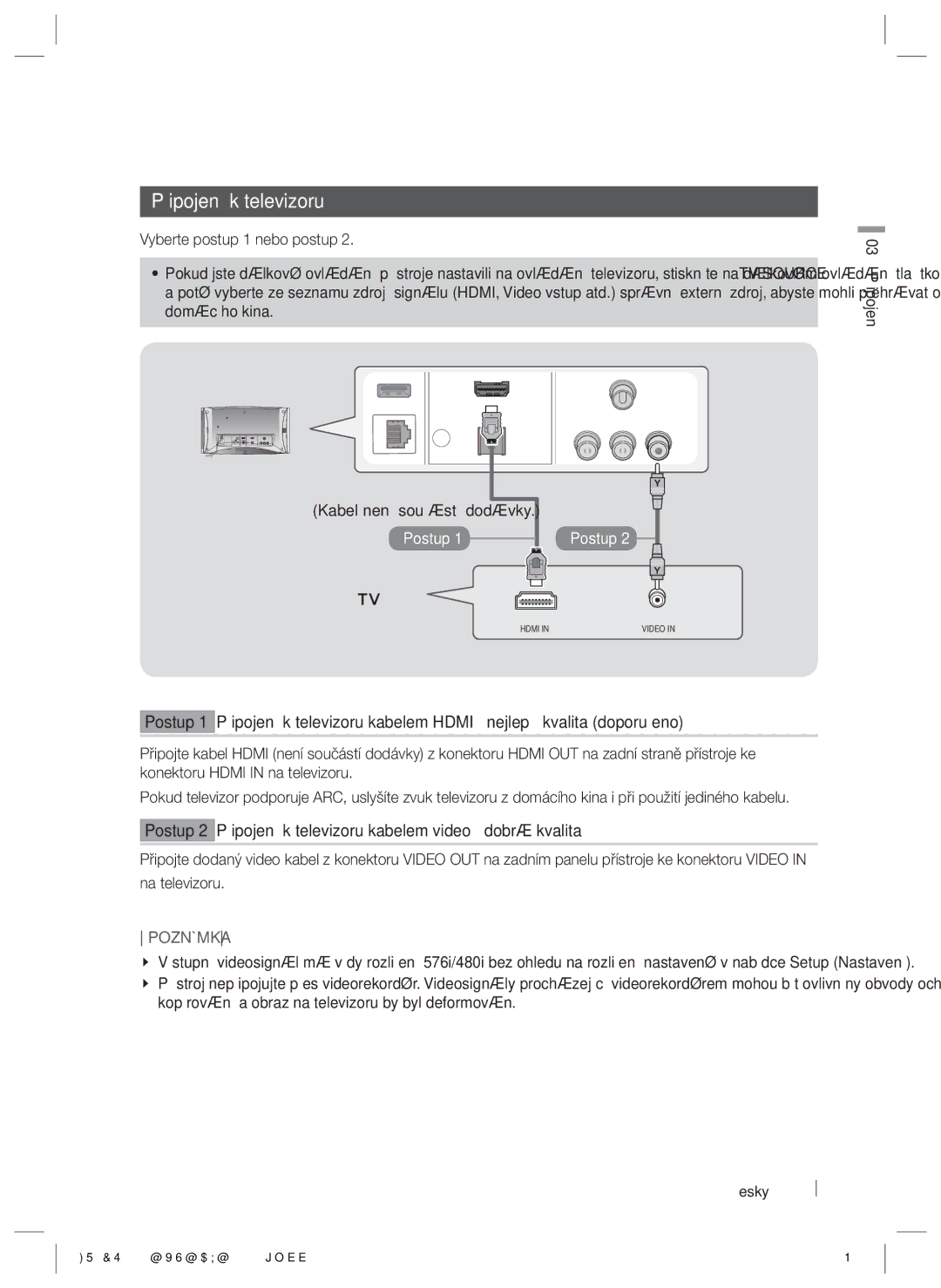 Samsung HT-ES6600/EN, HT-ES6200/EN manual Připojení k televizoru, Česky 03 Připojení 