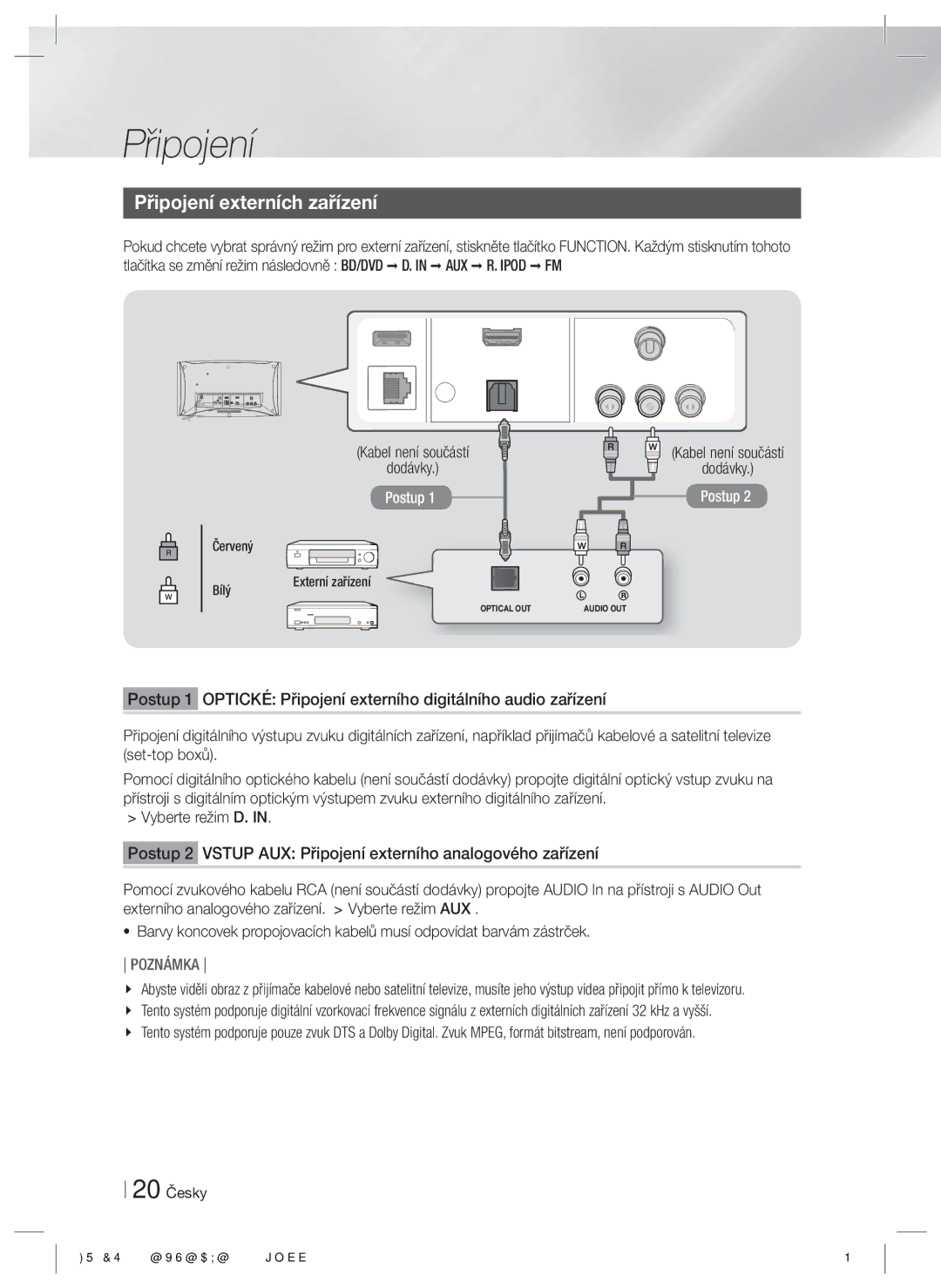 Samsung HT-ES6200/EN, HT-ES6600/EN manual Připojení externích zařízení, 20 Česky, Bílý Externí zařízení 