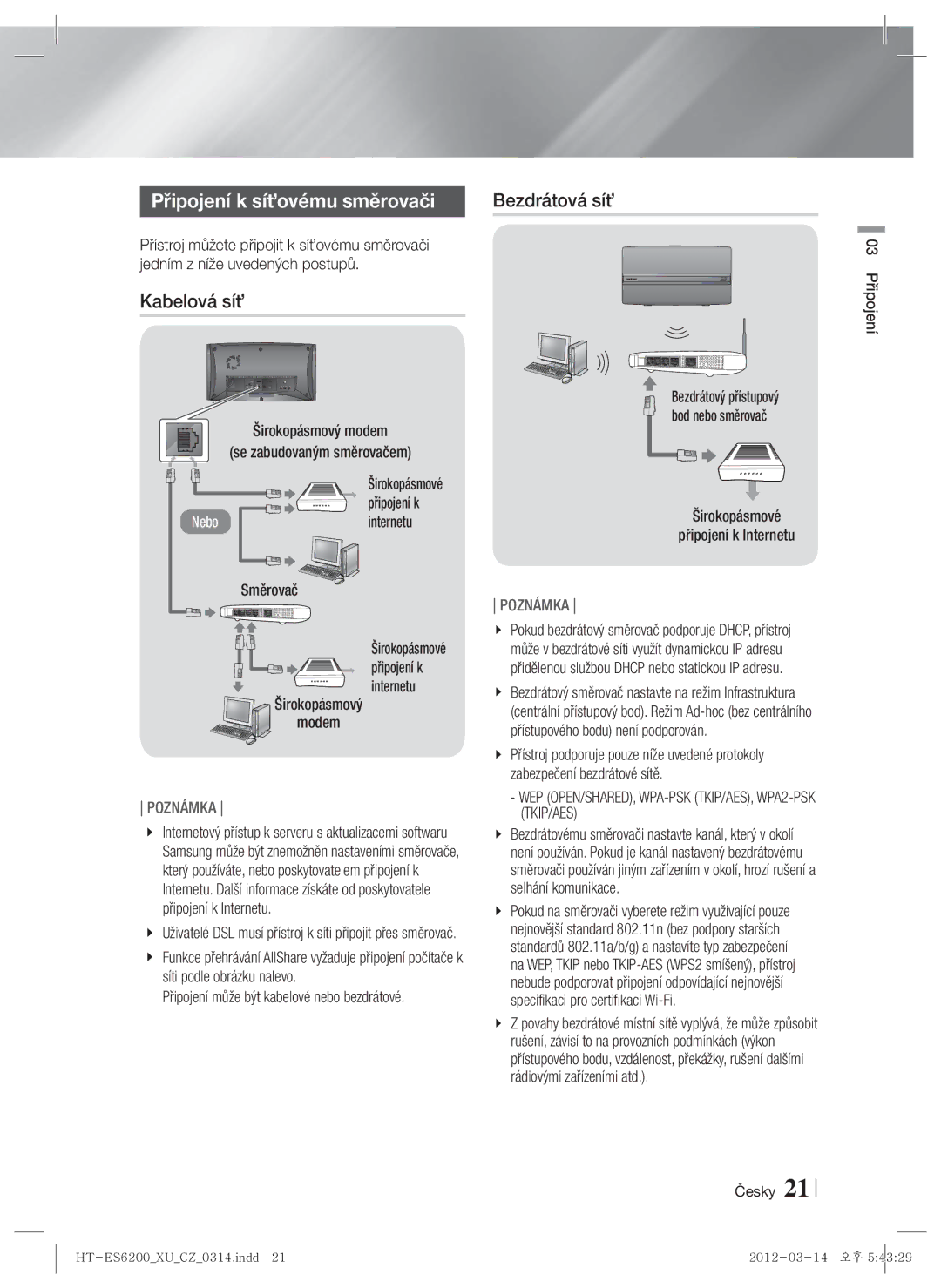 Samsung HT-ES6600/EN, HT-ES6200/EN manual Připojení k síťovému směrovači, Kabelová síť 