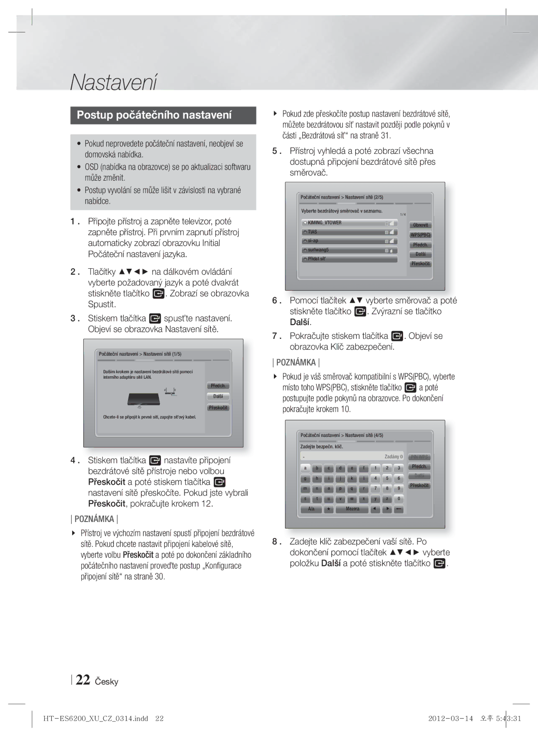 Samsung HT-ES6200/EN, HT-ES6600/EN manual Nastavení, Postup počátečního nastavení, 22 Česky 