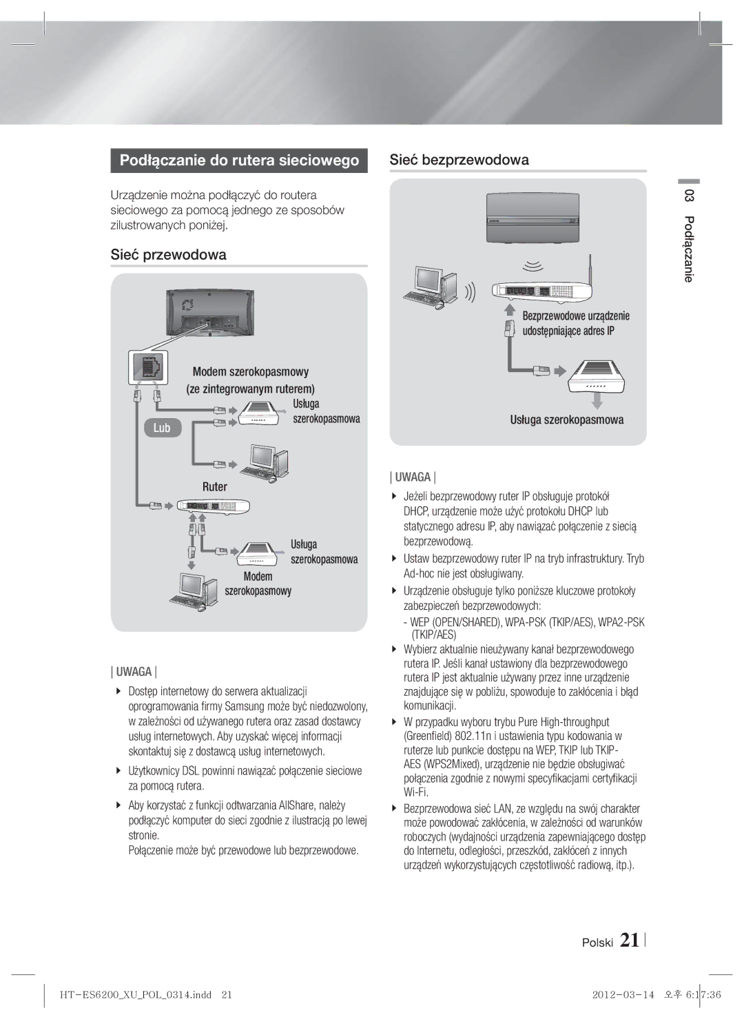 Samsung HT-ES6600/EN, HT-ES6200/EN manual Sieć przewodowa, WEP OPEN/SHARED, WPA-PSK TKIP/AES, WPA2-PSK TKIP/AES 