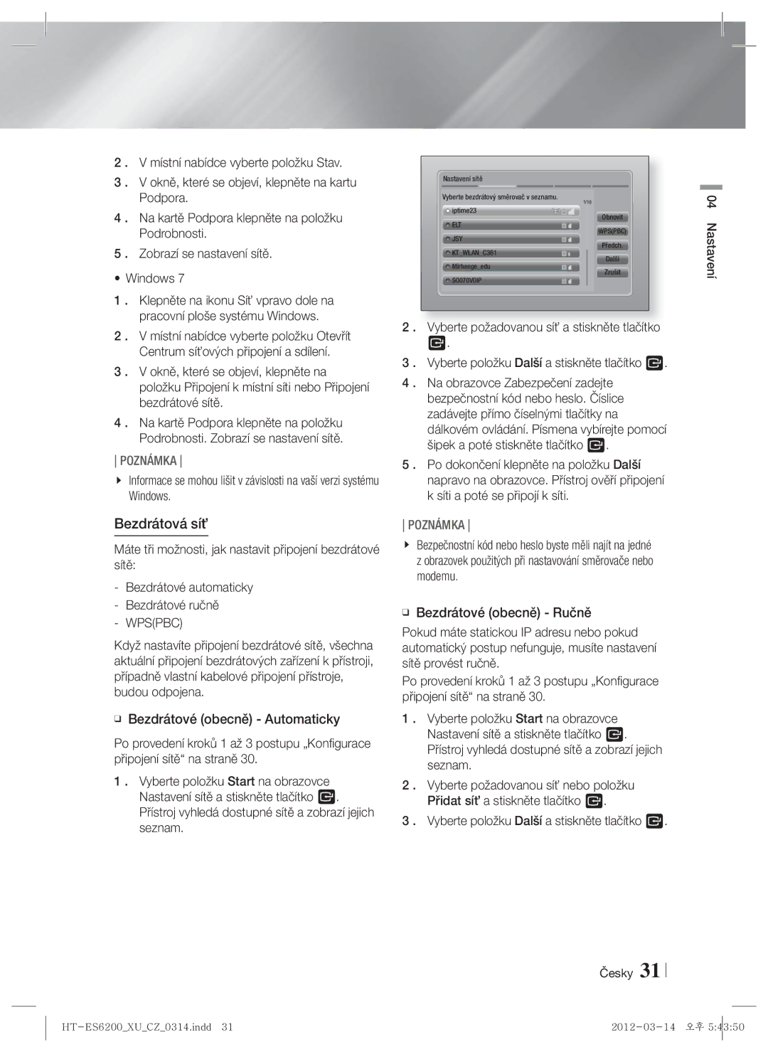 Samsung HT-ES6600/EN, HT-ES6200/EN manual Bezdrátová síť, Wpspbc 