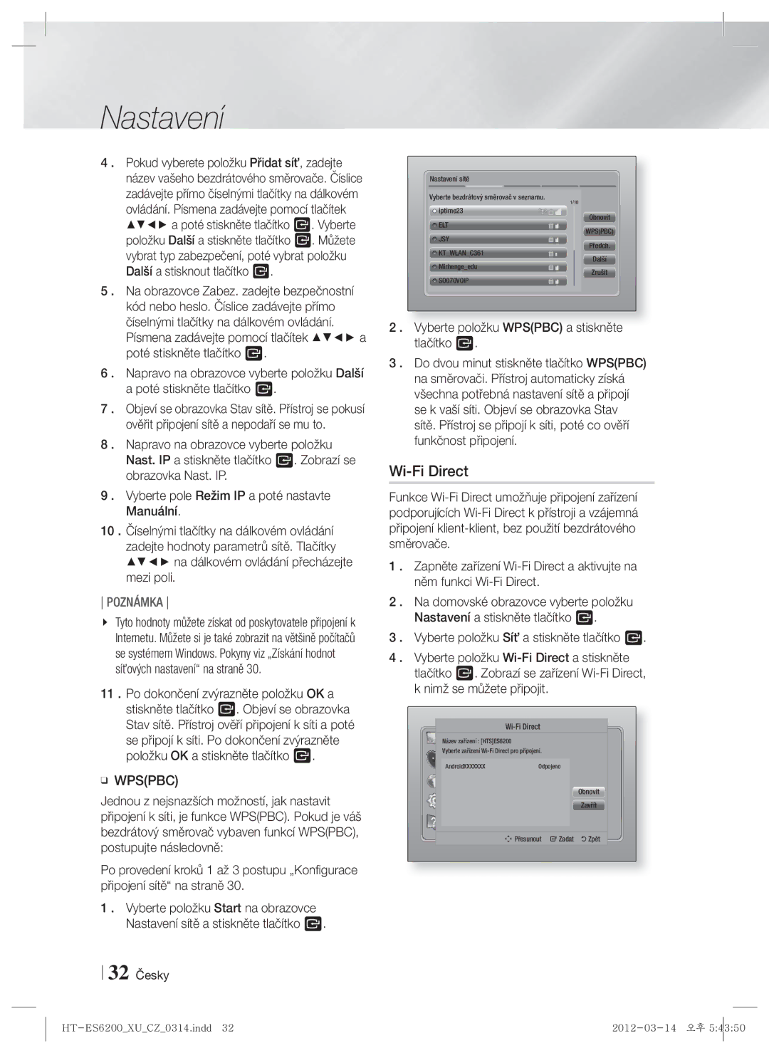 Samsung HT-ES6200/EN, HT-ES6600/EN manual Wi-Fi Direct, Vyberte položku Wpspbc a stiskněte tlačítko E 