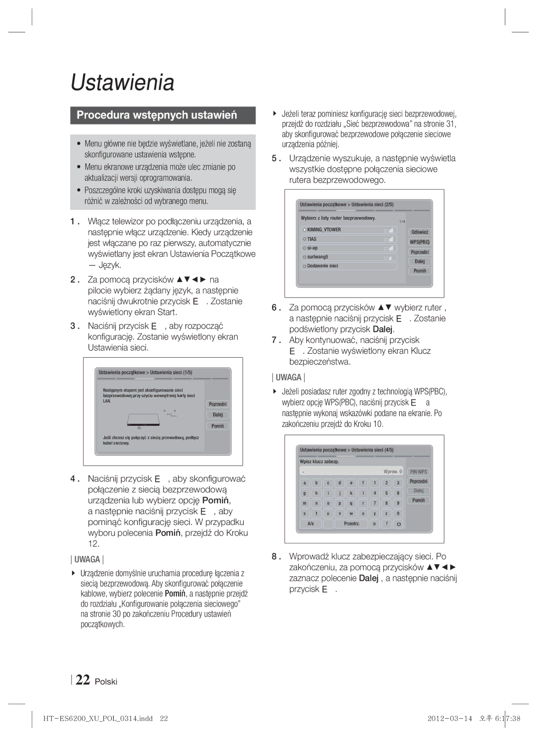 Samsung HT-ES6200/EN, HT-ES6600/EN manual Ustawienia, Procedura wstępnych ustawień, Język 