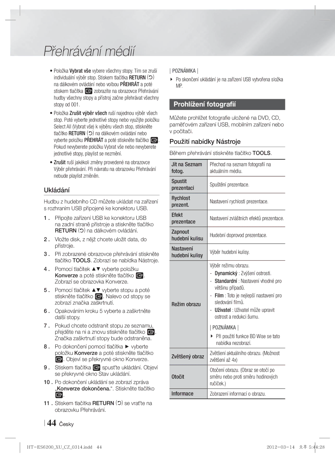 Samsung HT-ES6200/EN, HT-ES6600/EN manual Ukládání, Prohlížení fotografií 