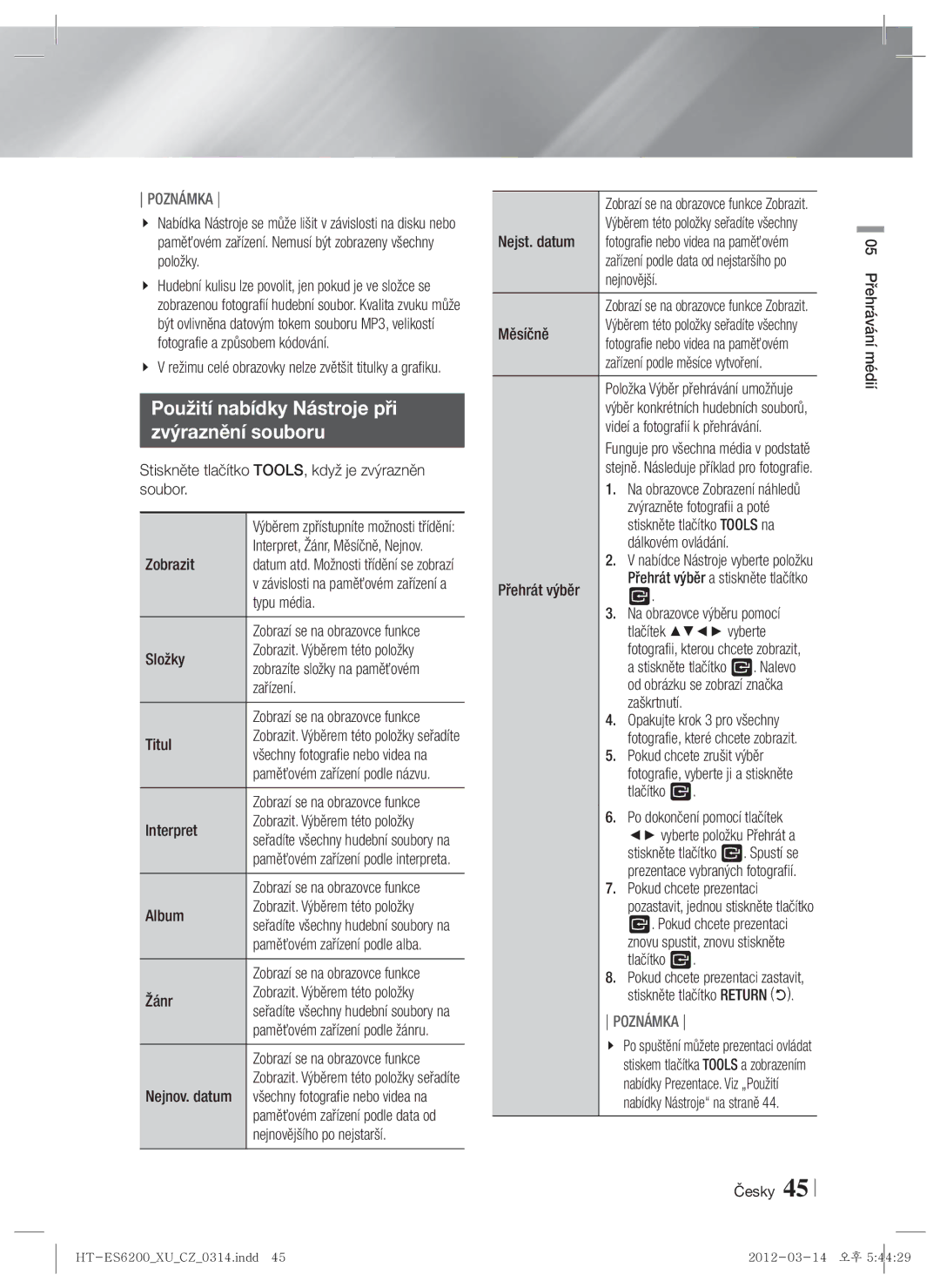 Samsung HT-ES6600/EN, HT-ES6200/EN manual Použití nabídky Nástroje při Zvýraznění souboru 