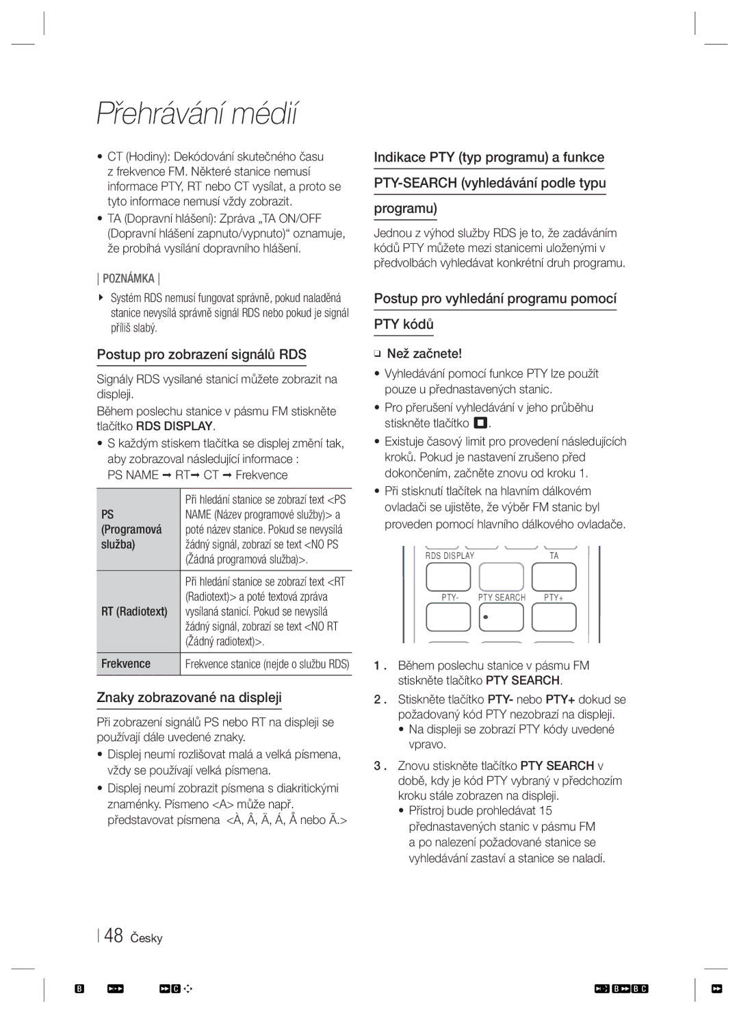 Samsung HT-ES6200/EN, HT-ES6600/EN manual Postup pro zobrazení signálů RDS, Znaky zobrazované na displeji, PS Name 