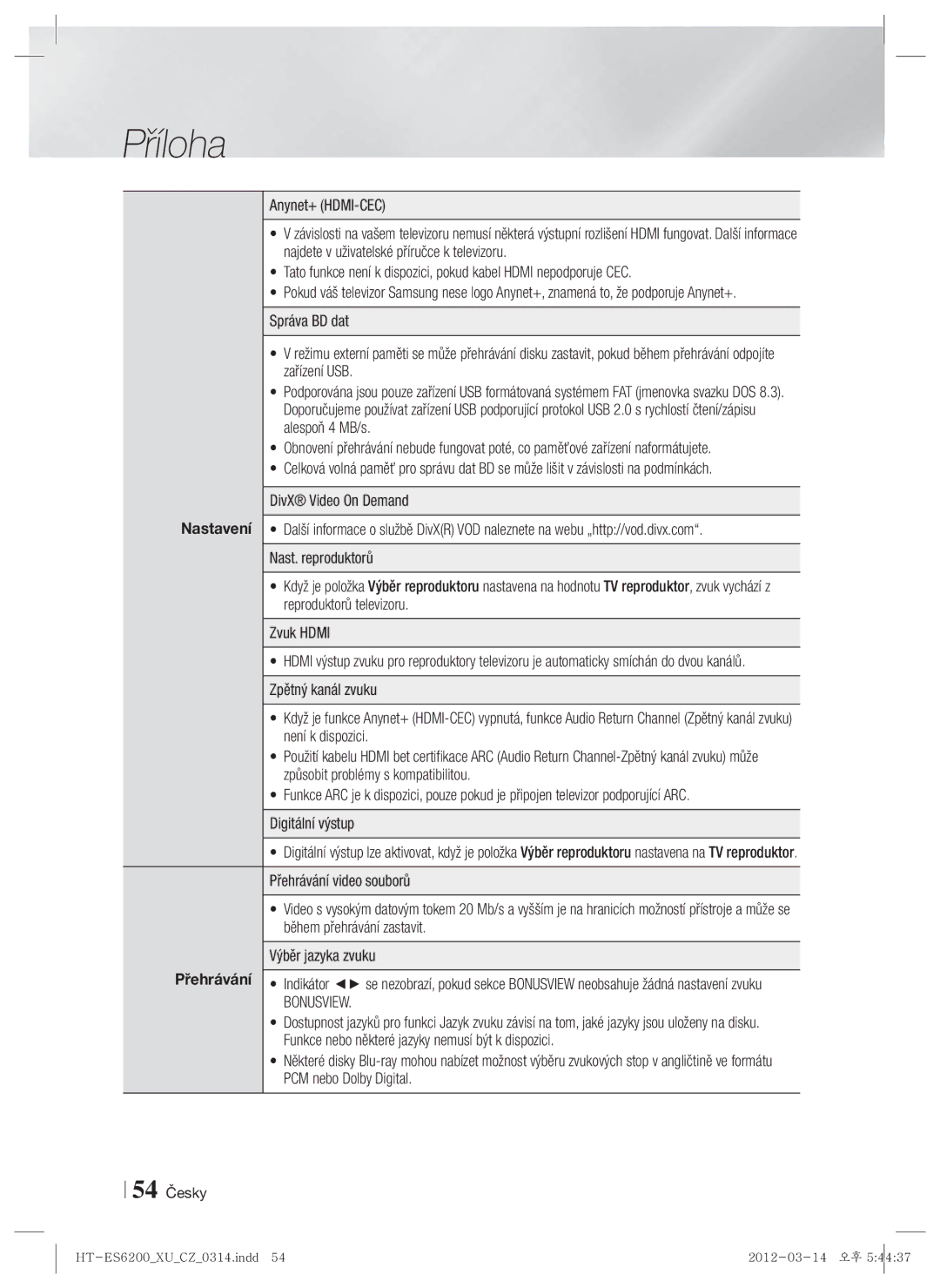 Samsung HT-ES6200/EN, HT-ES6600/EN manual Bonusview, 54 Česky 
