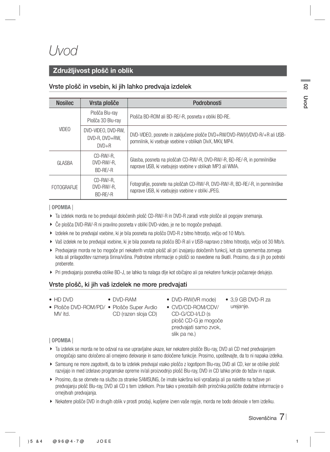 Samsung HT-ES6600/EN, HT-ES6200/EN Uvod, Združljivost plošč in oblik, Vrste plošč in vsebin, ki jih lahko predvaja izdelek 