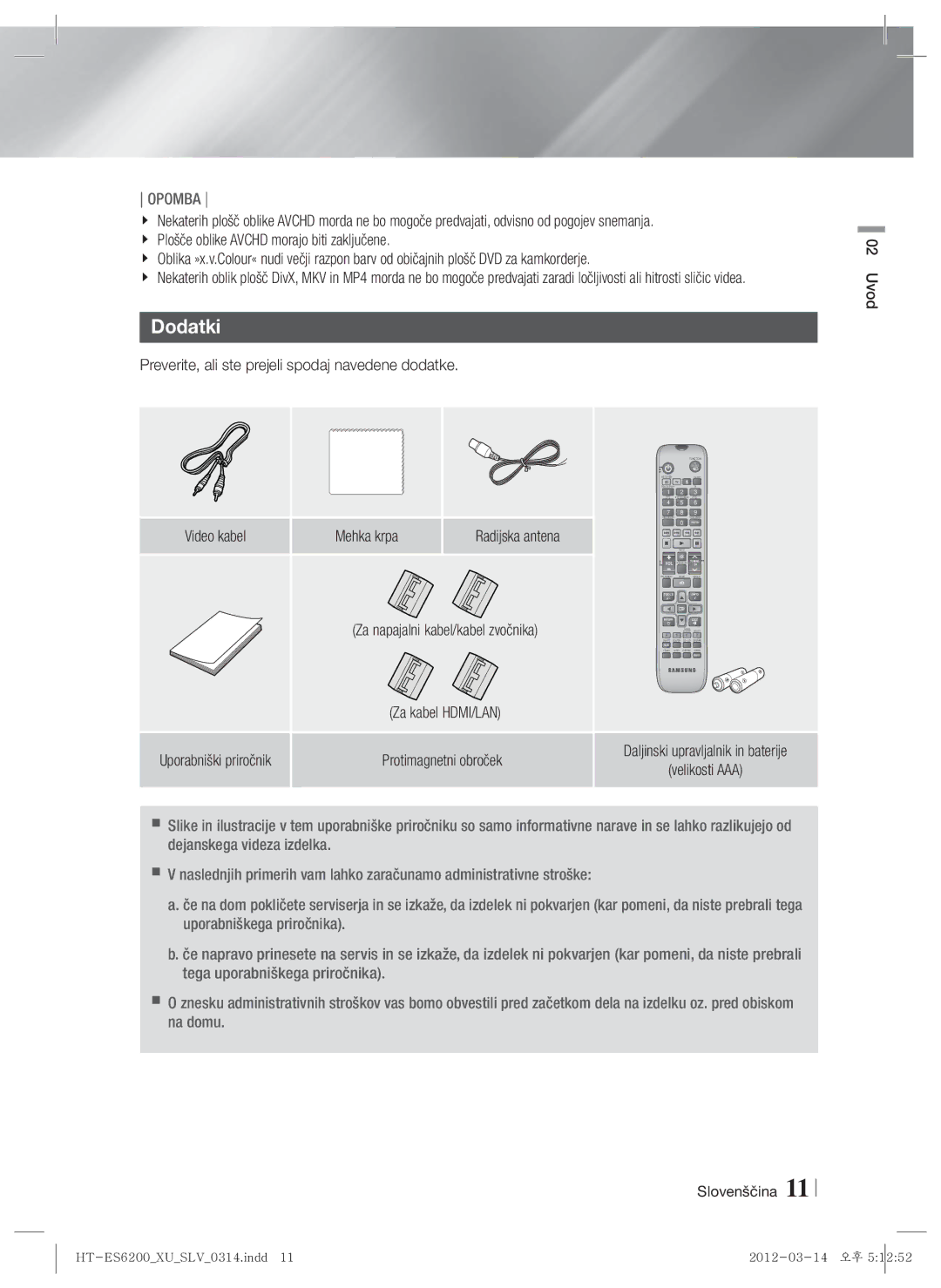 Samsung HT-ES6600/EN, HT-ES6200/EN Dodatki, Preverite, ali ste prejeli spodaj navedene dodatke, Mehka krpa Radijska antena 