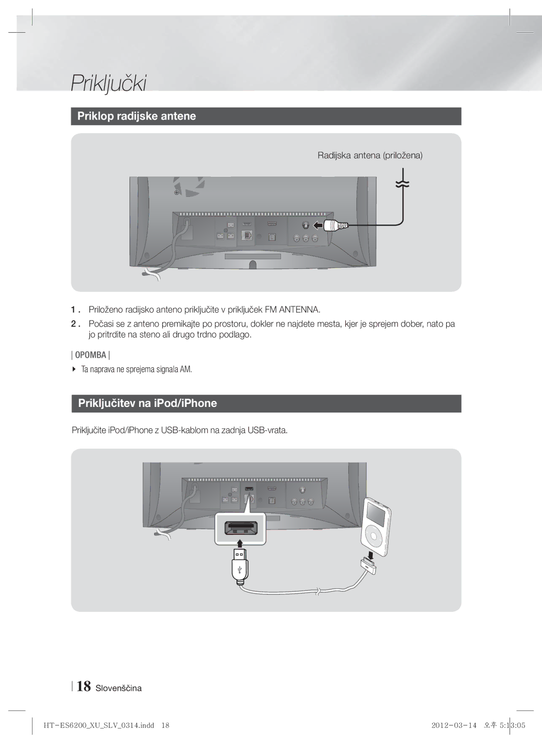 Samsung HT-ES6200/EN, HT-ES6600/EN Priklop radijske antene, Priključitev na iPod/iPhone, Ta naprava ne sprejema signala AM 